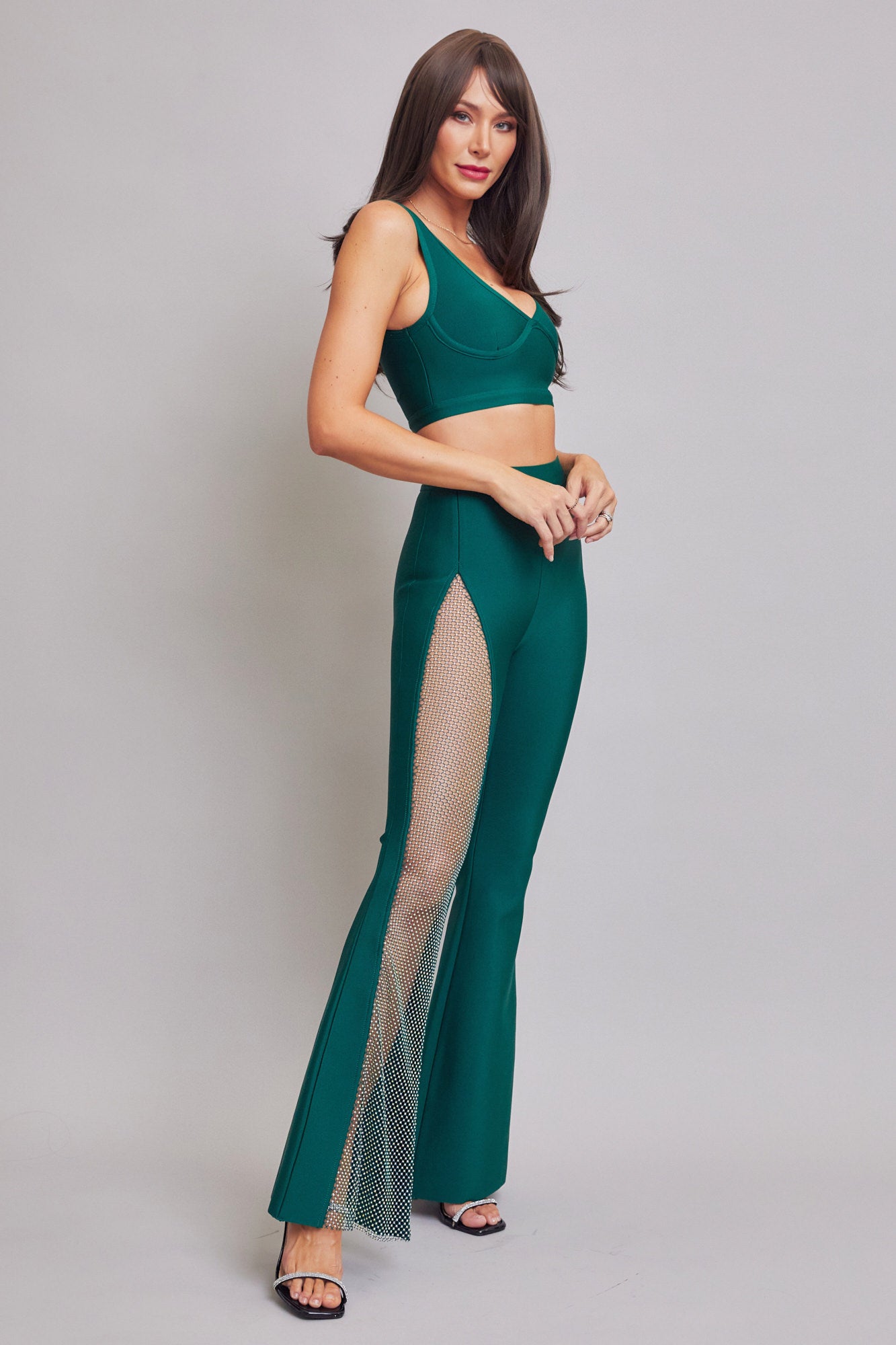 Bandage Crop Top and Bell Bottom Pants With Rhinestones