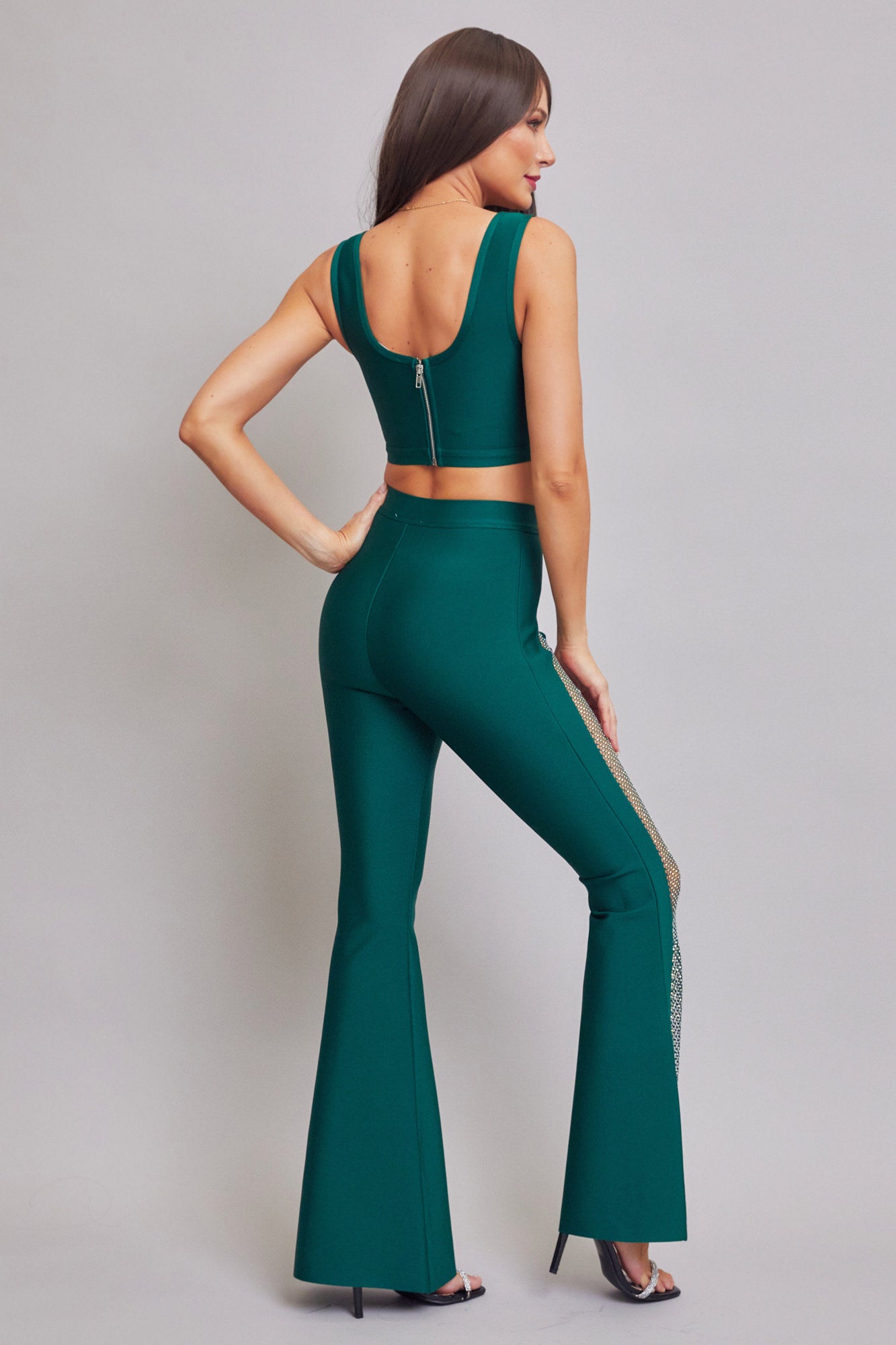 Bandage Crop Top and Bell Bottom Pants With Rhinestones