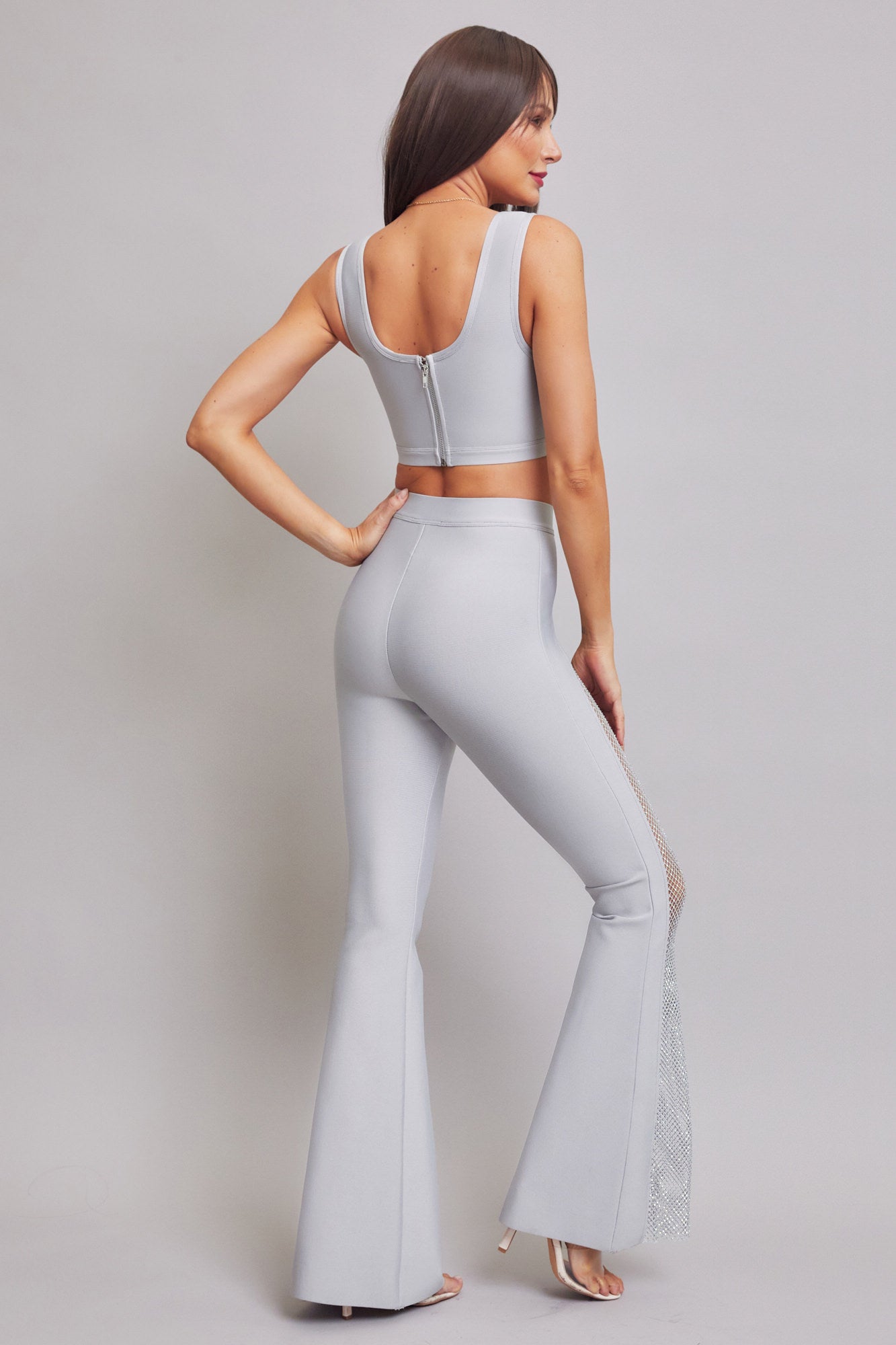 Bandage Crop Top and Bell Bottom Pants With Rhinestones