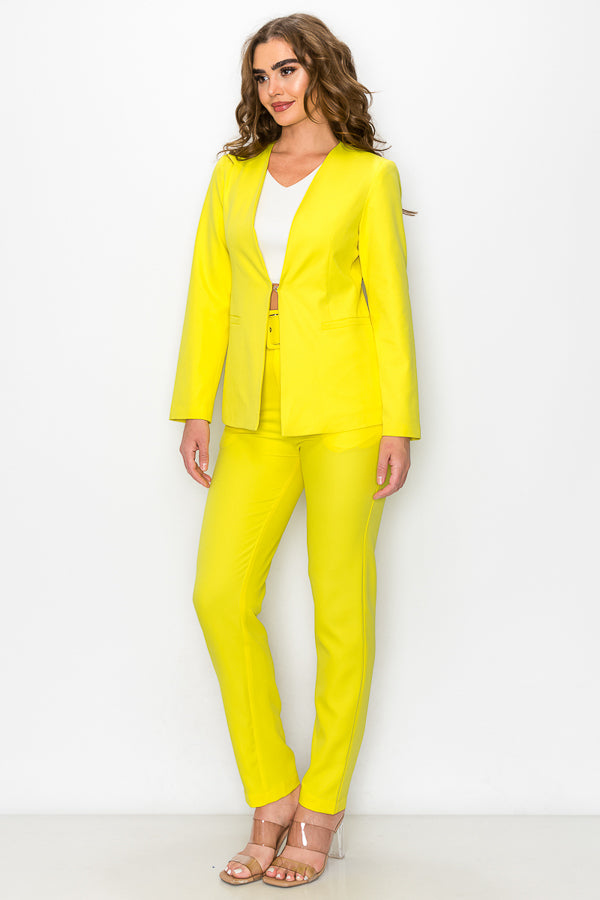 Solid Blazer Pants Set with Belt