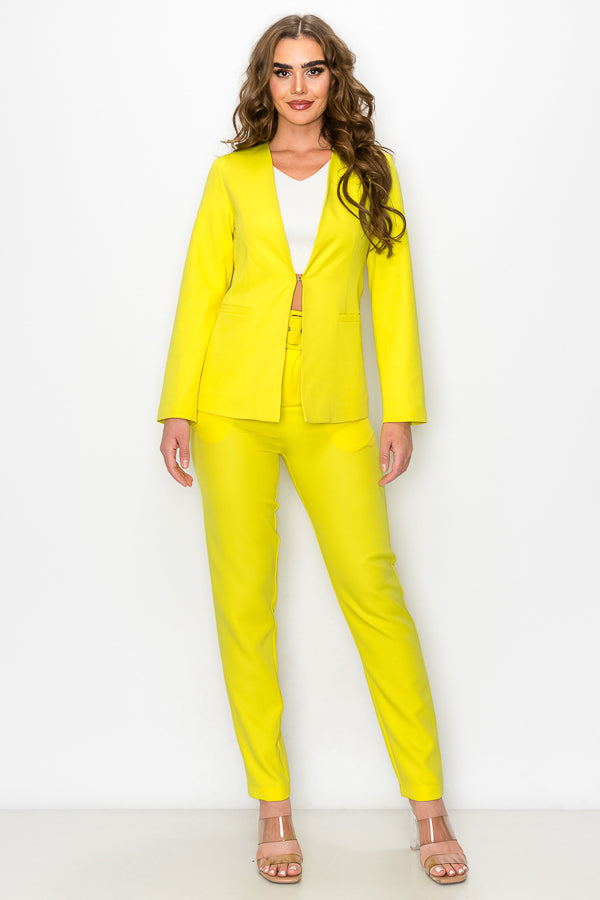 Solid Blazer Pants Set with Belt