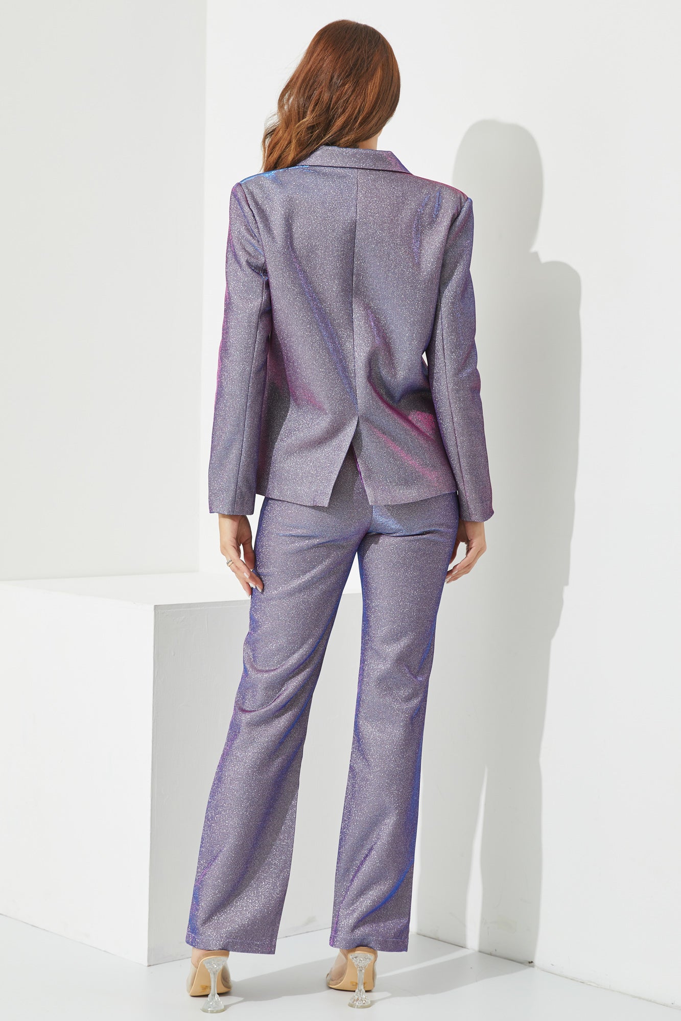 Woven Glitter Blazer, Bra Top and Pants Set
