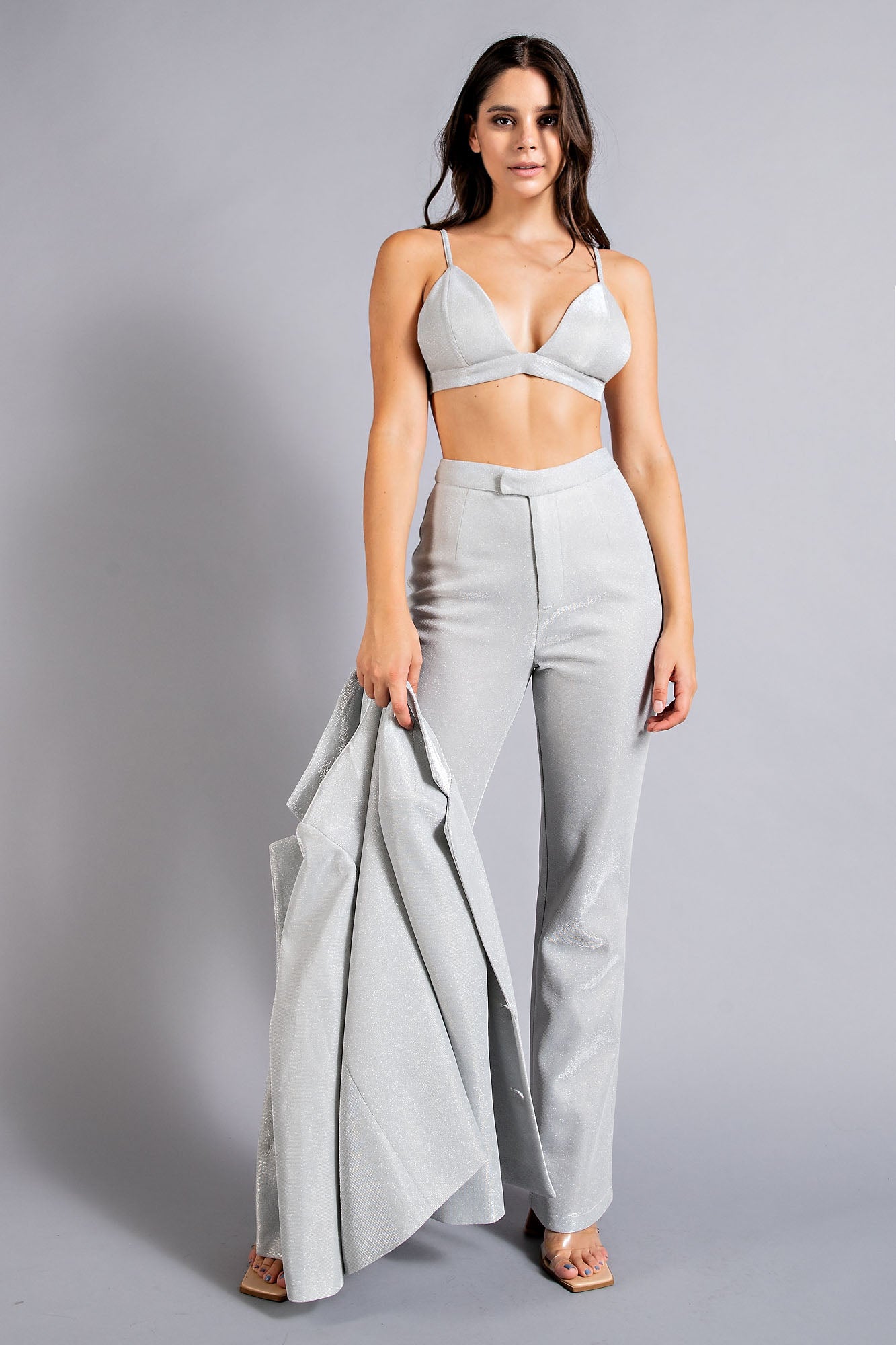 Woven Glitter Blazer, Bra Top and Pants Set