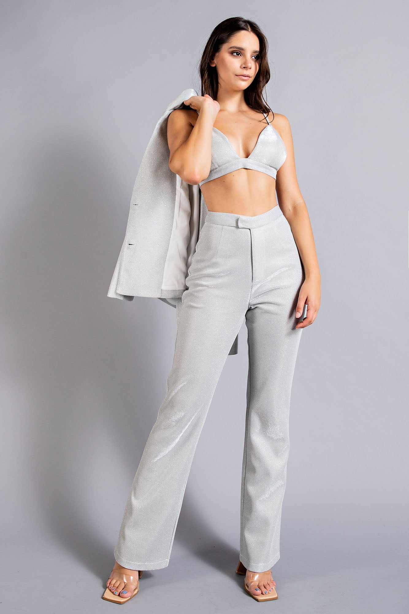 Woven Glitter Blazer, Bra Top and Pants Set