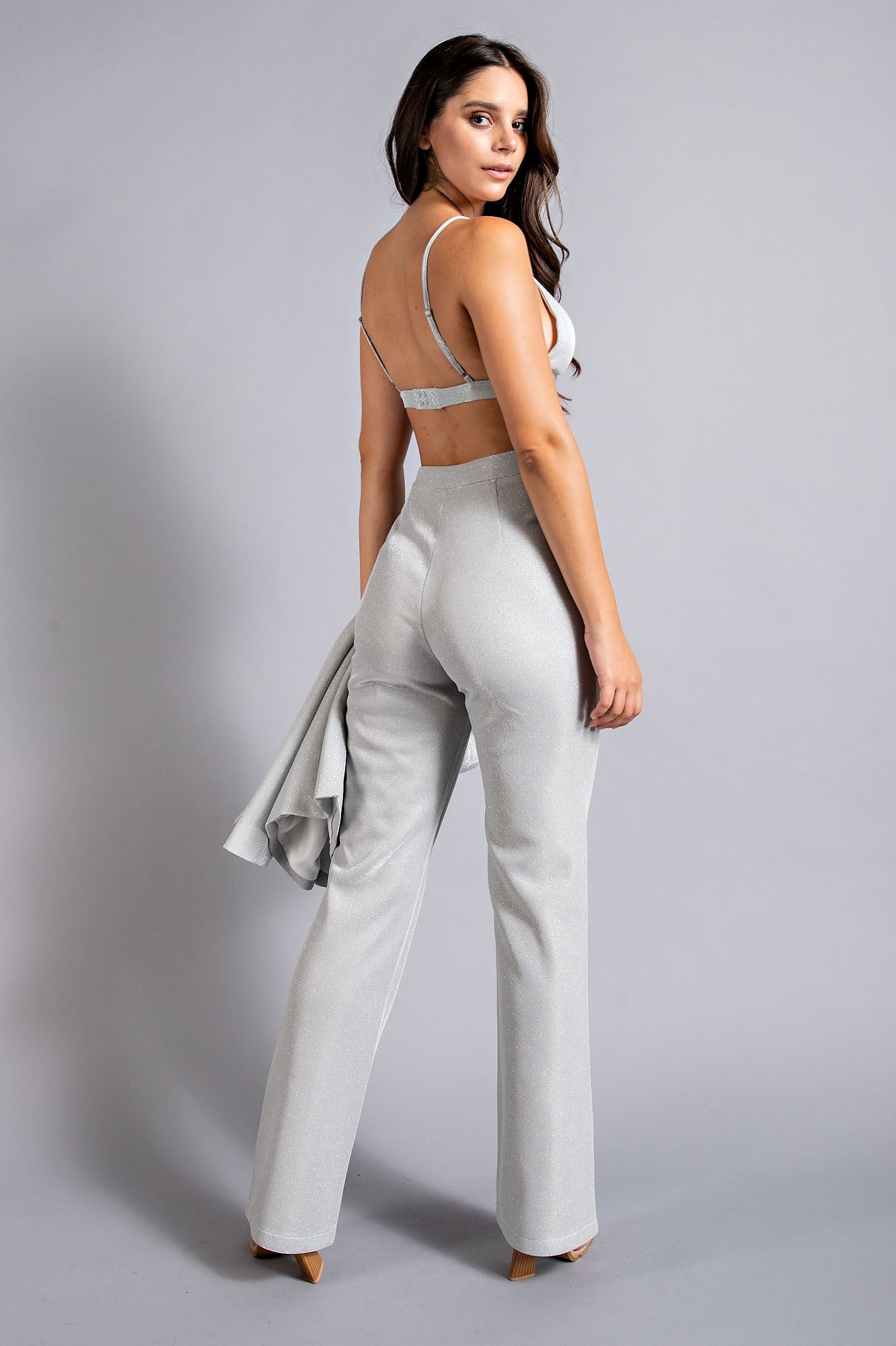Woven Glitter Blazer, Bra Top and Pants Set