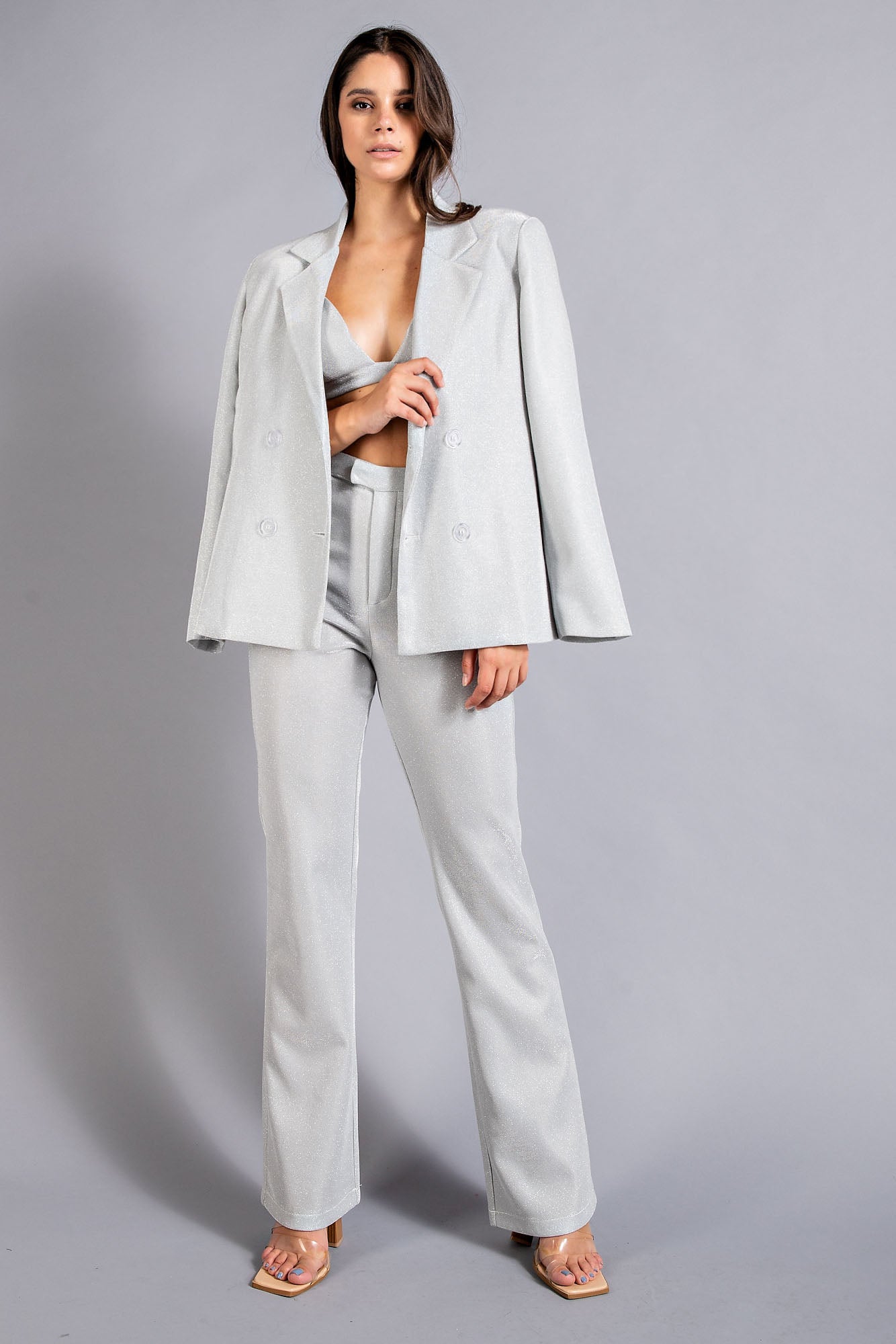 Woven Glitter Blazer, Bra Top and Pants Set