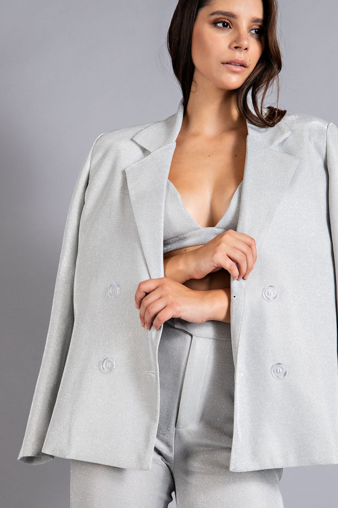 Woven Glitter Blazer, Bra Top and Pants Set