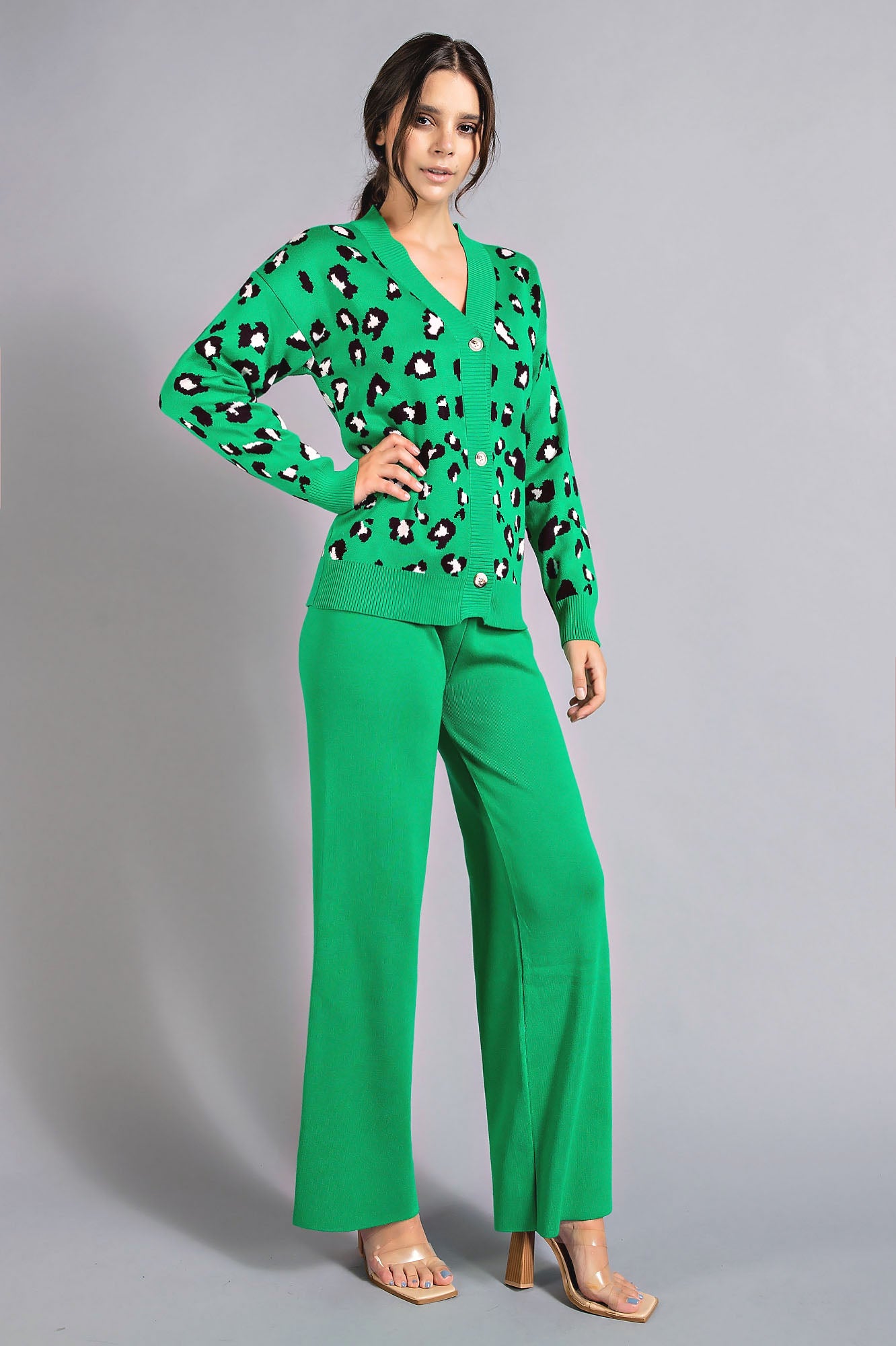 Leopard Knit Cardigan and Pants Set