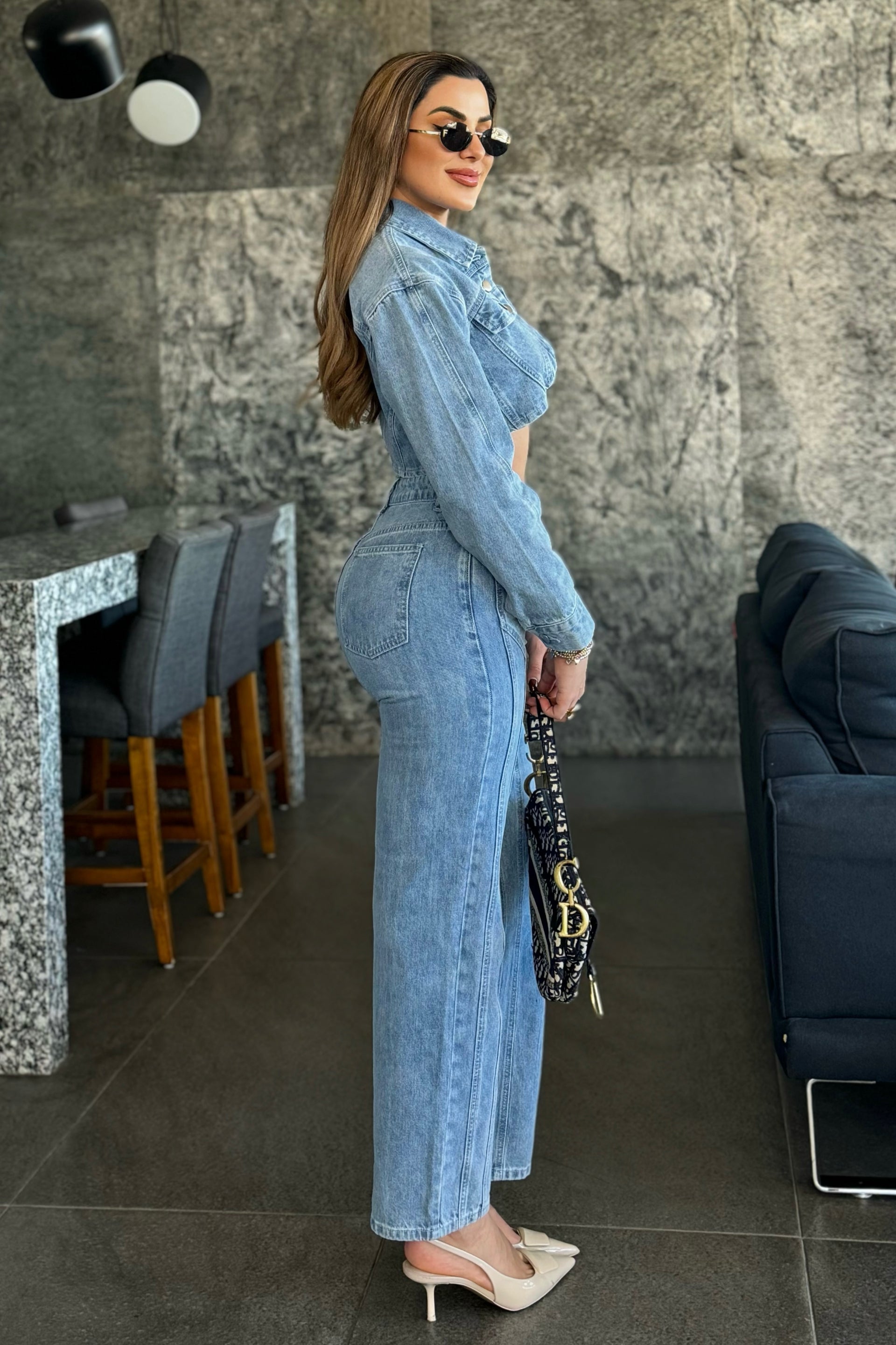 Denim Crop Jacket and Trouser 2pc Set