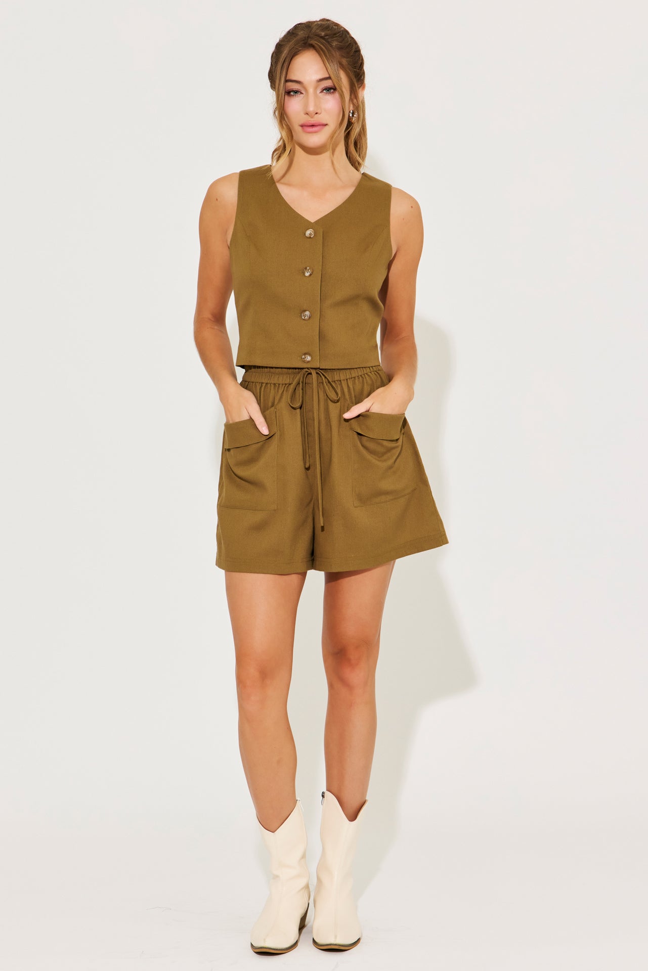 Willow Whisper Woven Crop Vest and Shorts Set