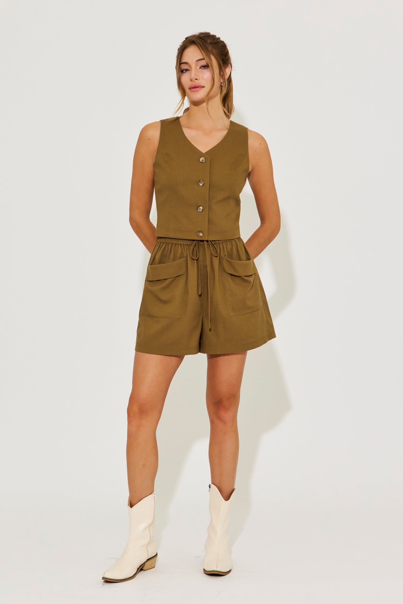 Willow Whisper Woven Crop Vest and Shorts Set