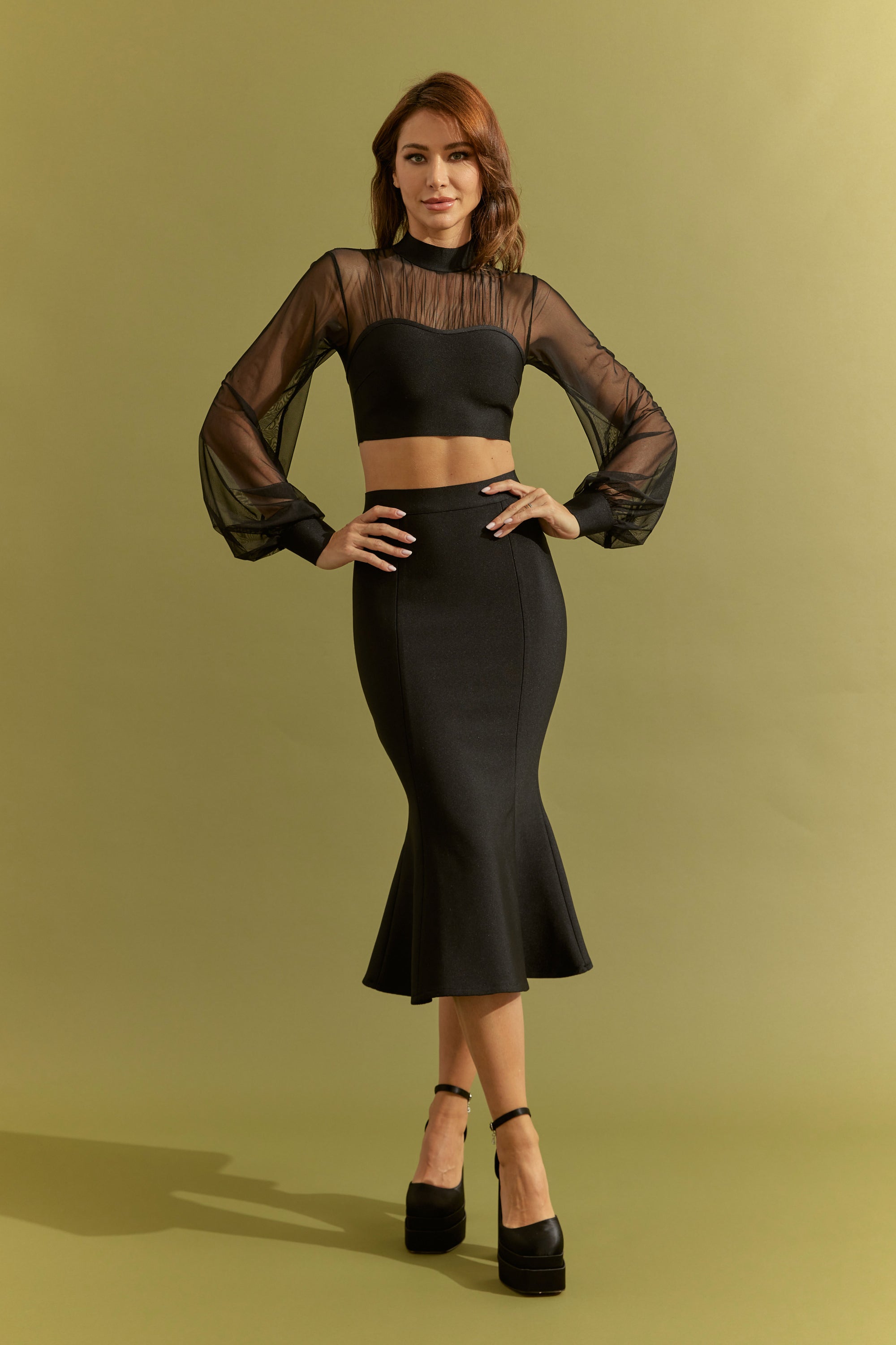 Bandage Long Sleeve Crop Top With Mesh and Fit and Flare Midi Skirt Set