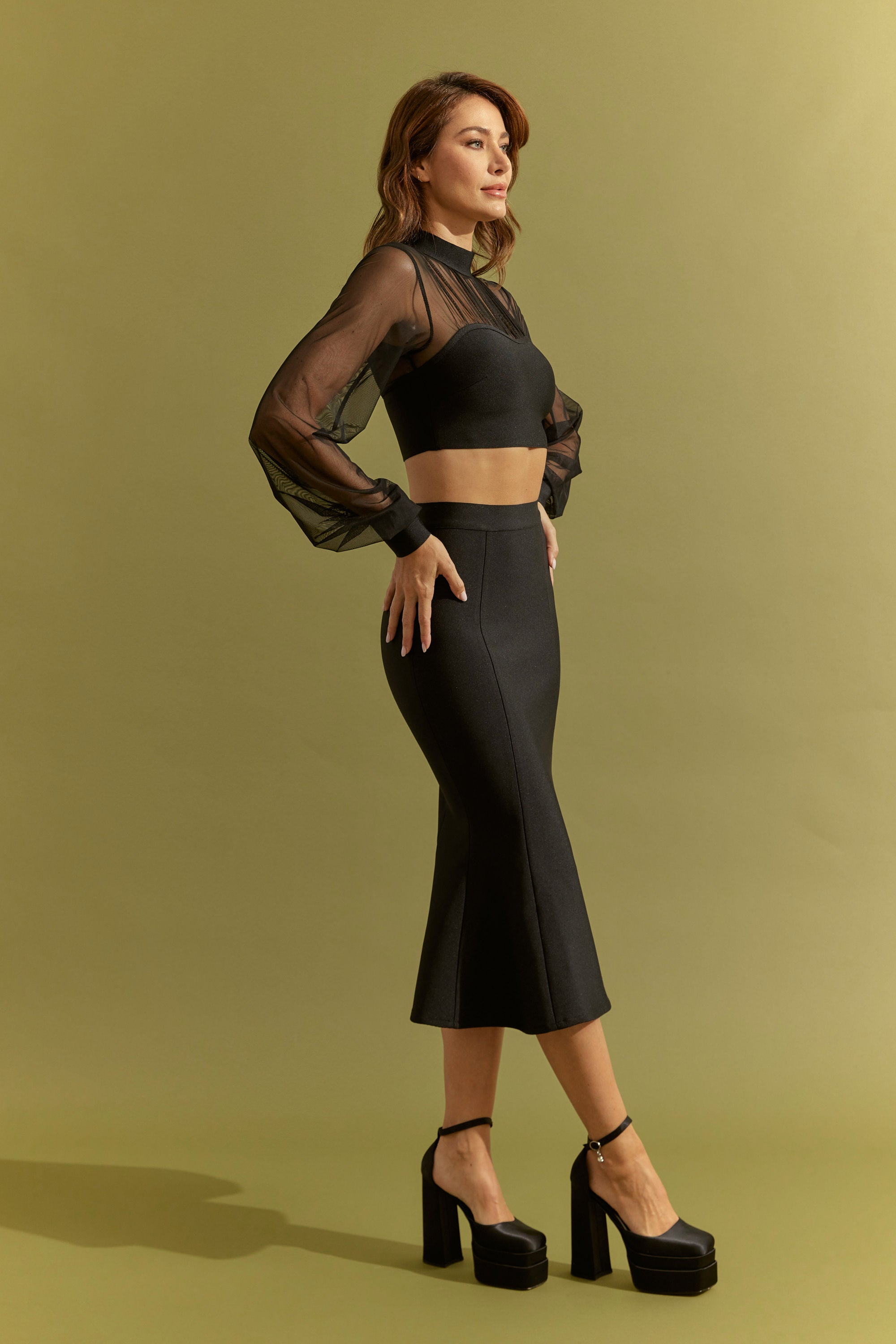 Bandage Long Sleeve Crop Top With Mesh and Fit and Flare Midi Skirt Set