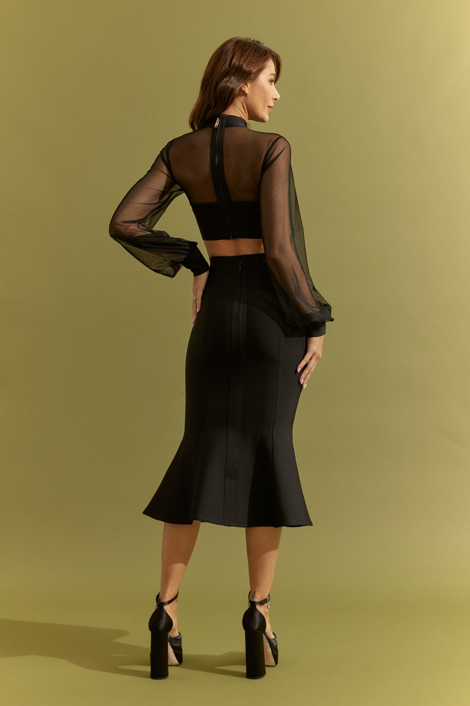 Bandage Long Sleeve Crop Top With Mesh and Fit and Flare Midi Skirt Set