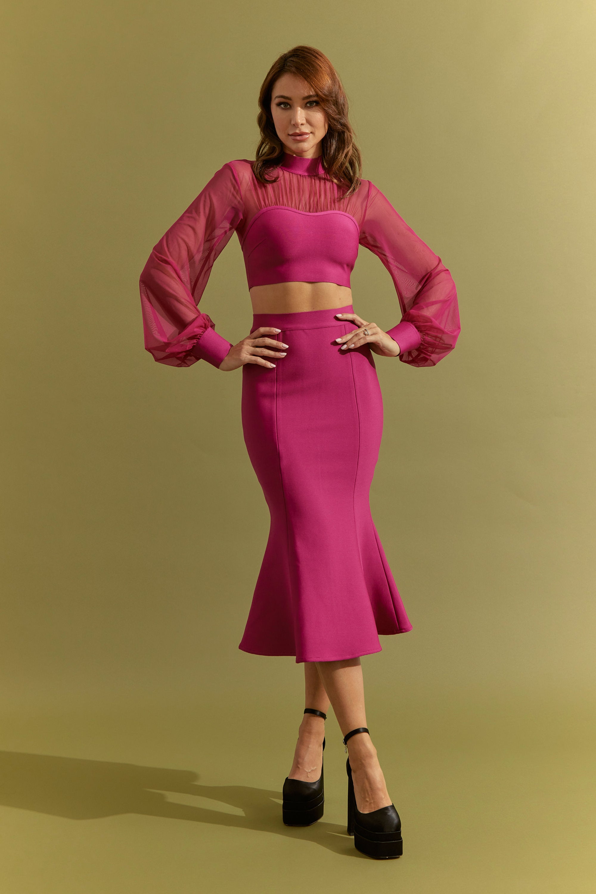Bandage Long Sleeve Crop Top With Mesh and Fit and Flare Midi Skirt Set