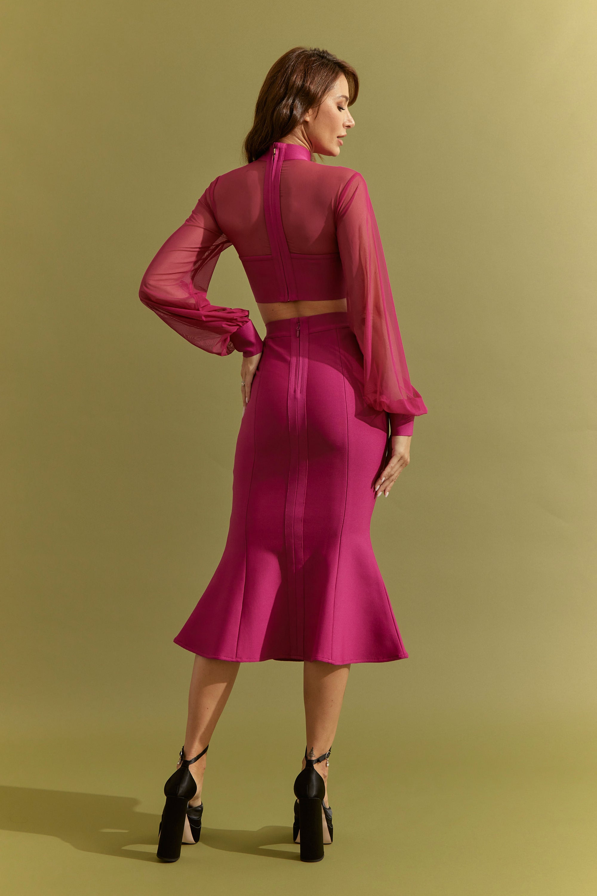 Bandage Long Sleeve Crop Top With Mesh and Fit and Flare Midi Skirt Set