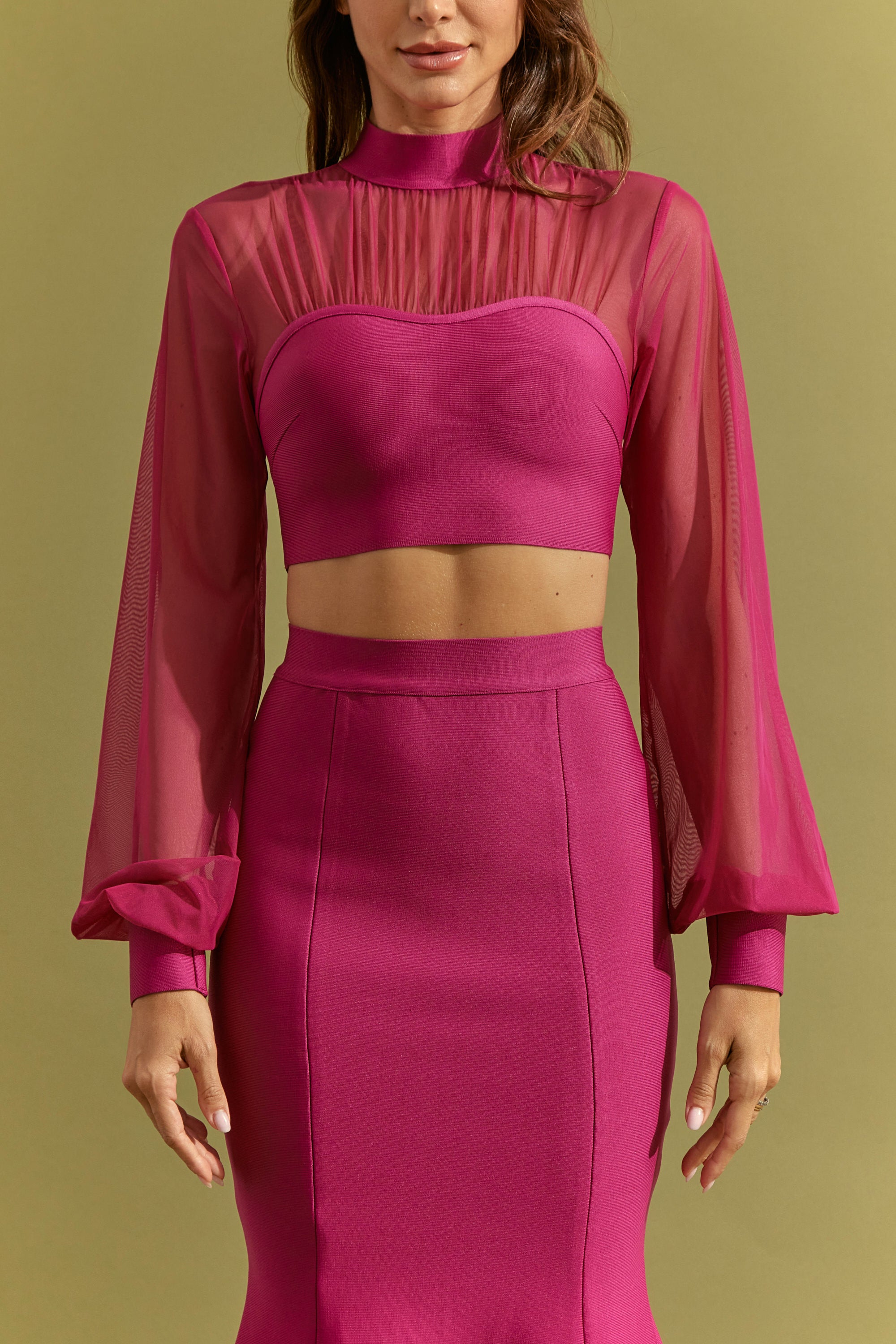 Bandage Long Sleeve Crop Top With Mesh and Fit and Flare Midi Skirt Set