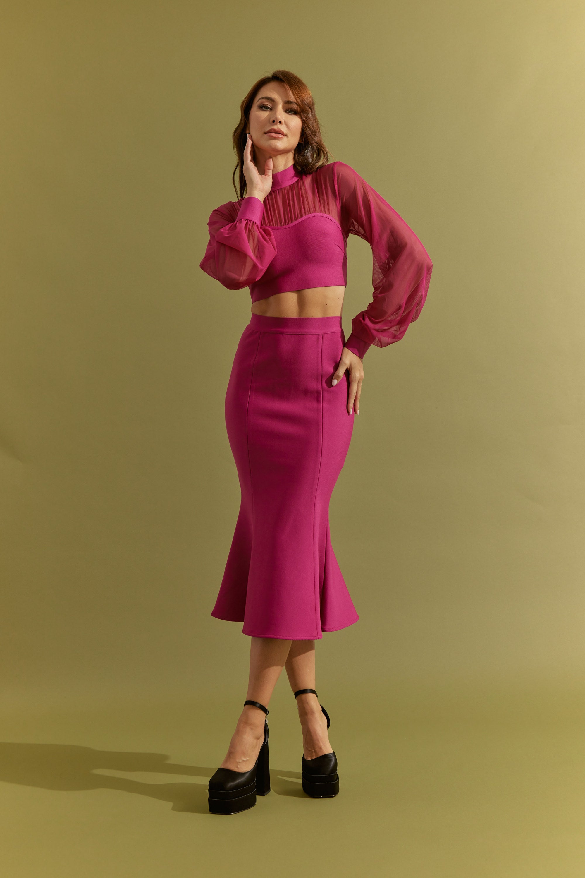 Bandage Long Sleeve Crop Top With Mesh and Fit and Flare Midi Skirt Set