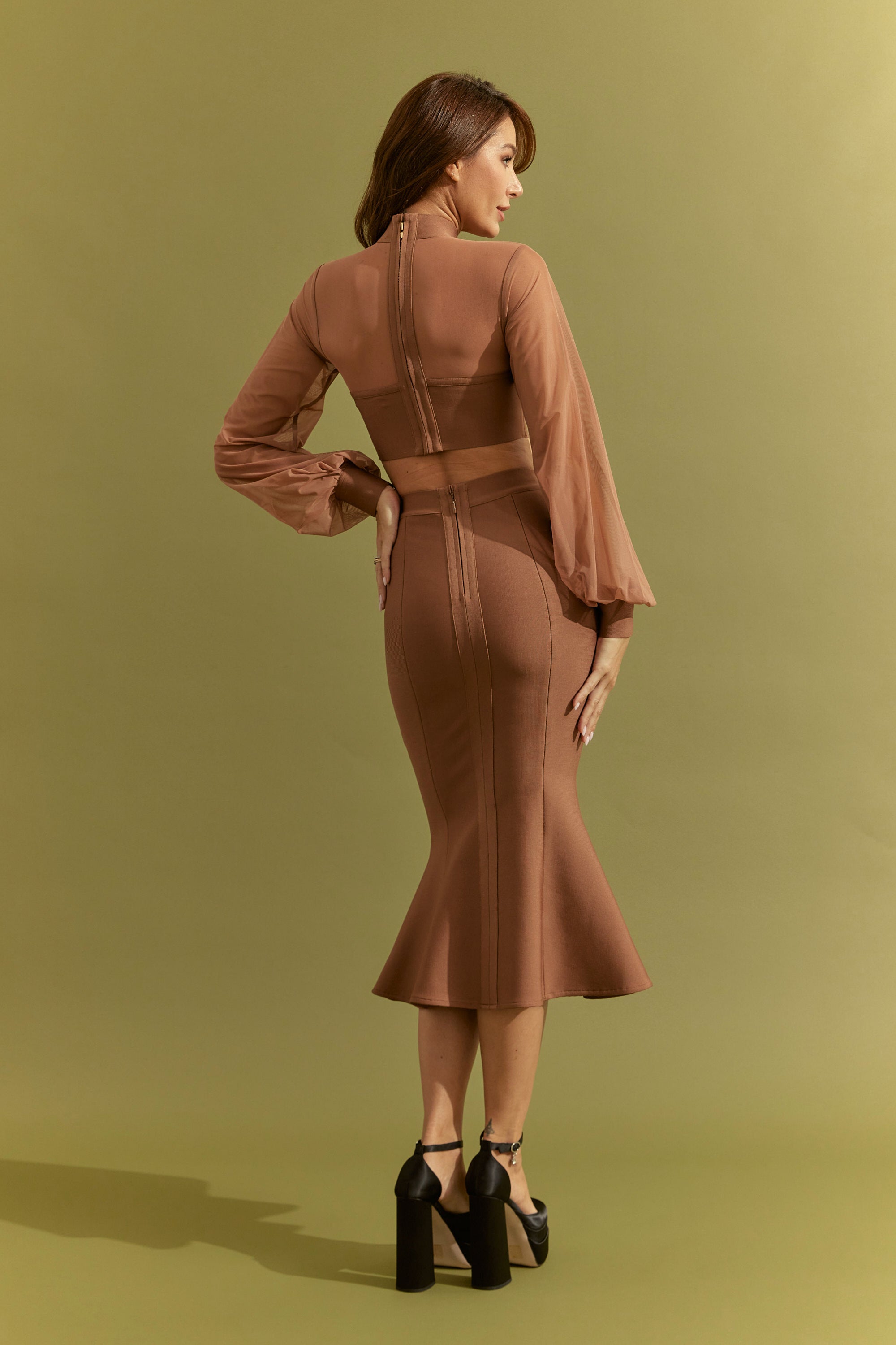 Bandage Long Sleeve Crop Top With Mesh and Fit and Flare Midi Skirt Set