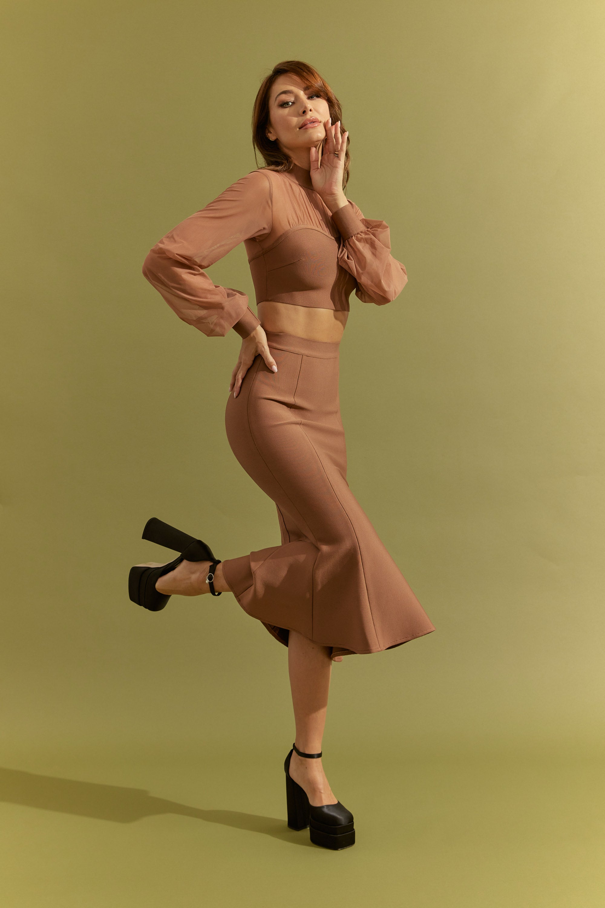 Bandage Long Sleeve Crop Top With Mesh and Fit and Flare Midi Skirt Set