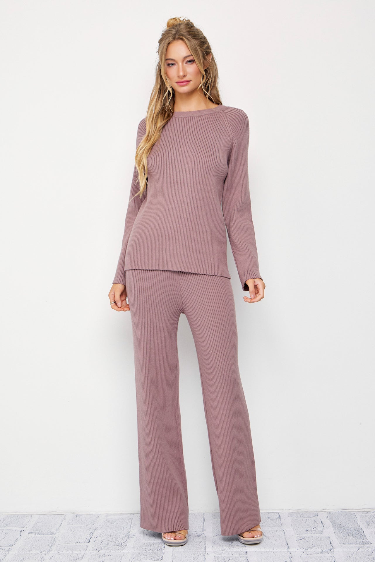 The Basic Rib Knit Long Sleeve Top And Pants Set