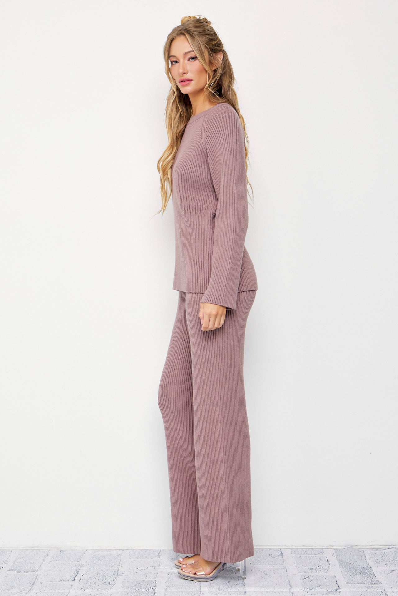 The Basic Rib Knit Long Sleeve Top And Pants Set