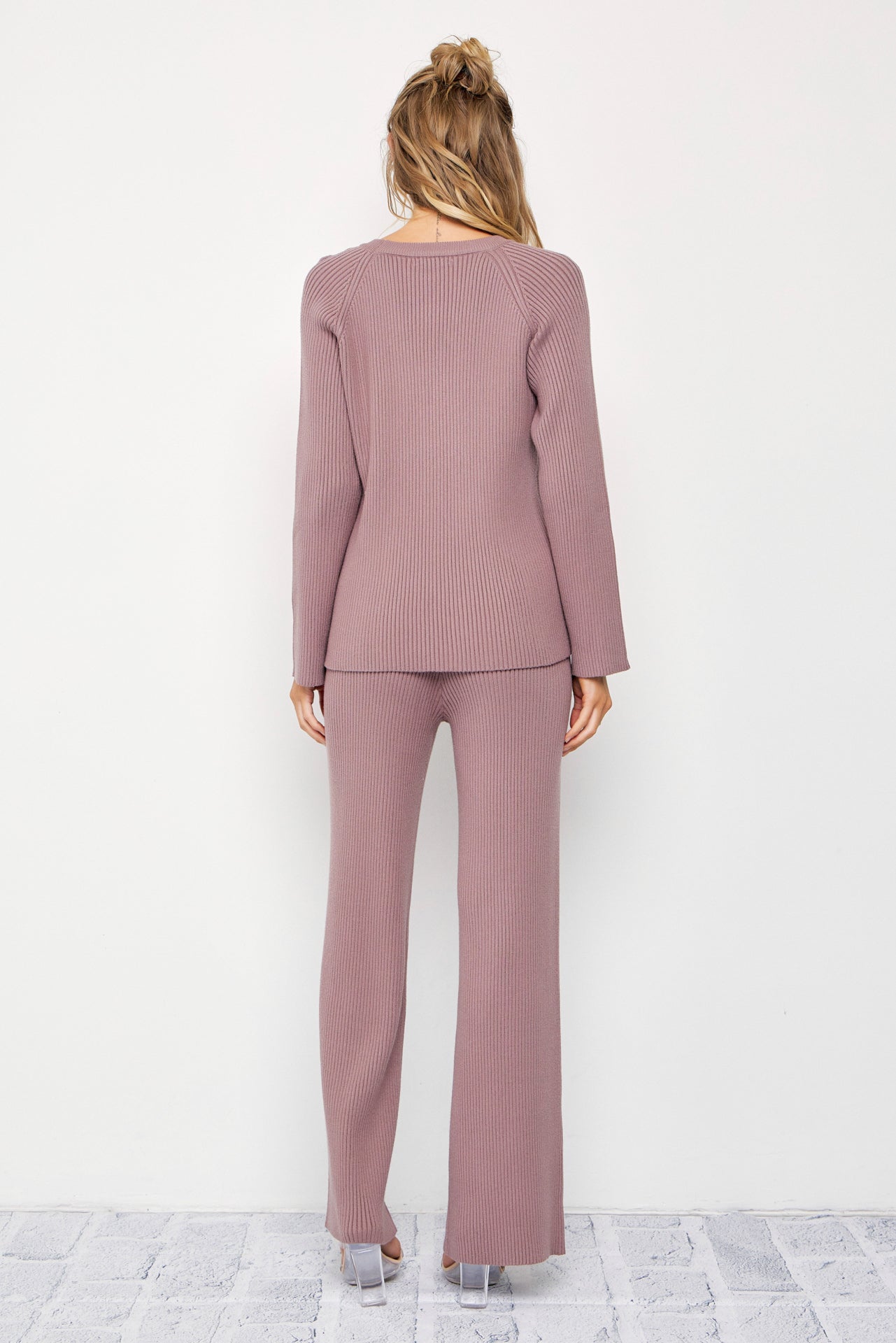 The Basic Rib Knit Long Sleeve Top And Pants Set