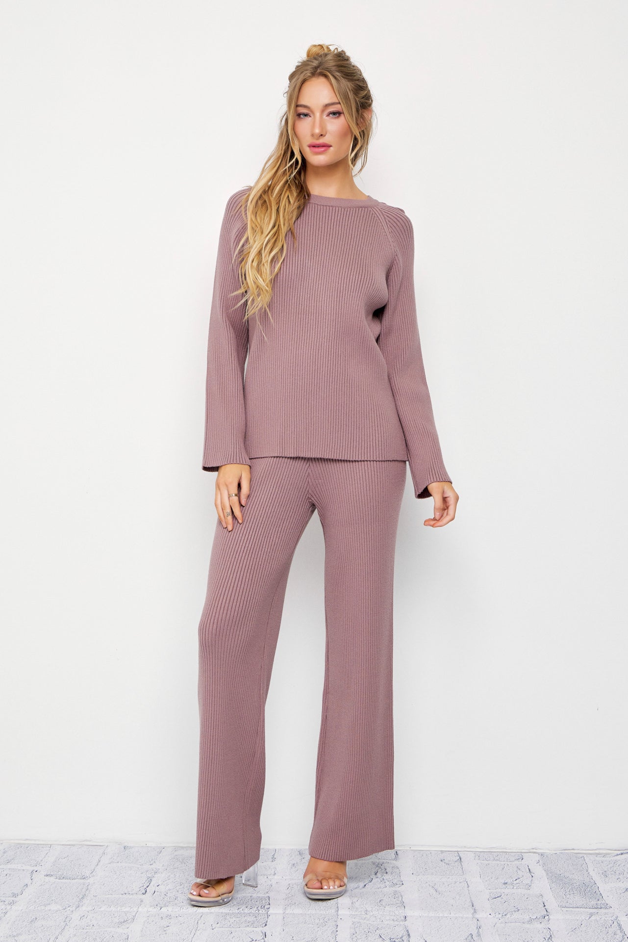 The Basic Rib Knit Long Sleeve Top And Pants Set
