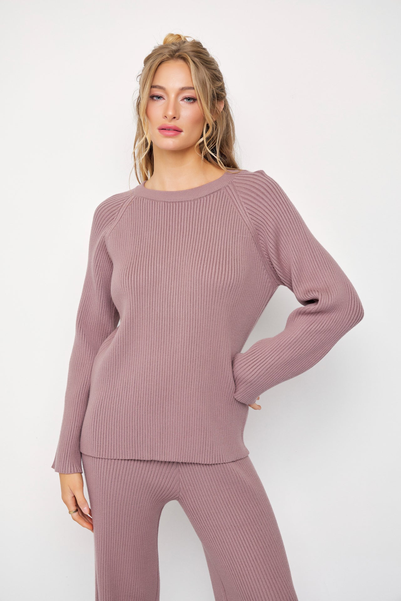 The Basic Rib Knit Long Sleeve Top And Pants Set