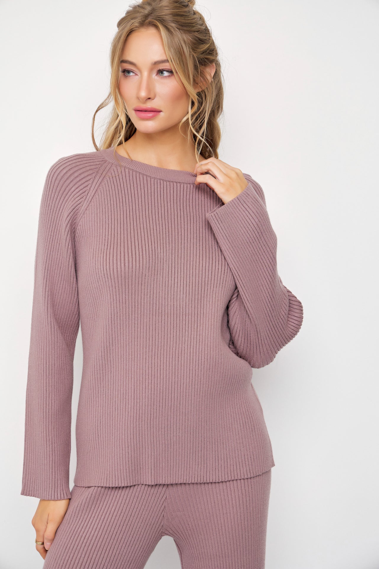 The Basic Rib Knit Long Sleeve Top And Pants Set