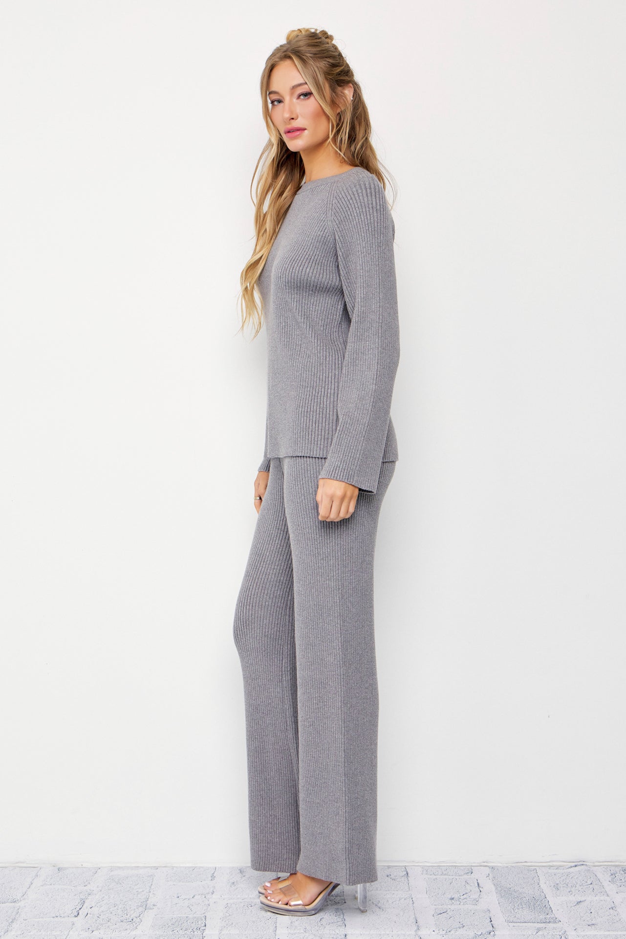 The Basic Rib Knit Long Sleeve Top And Pants Set