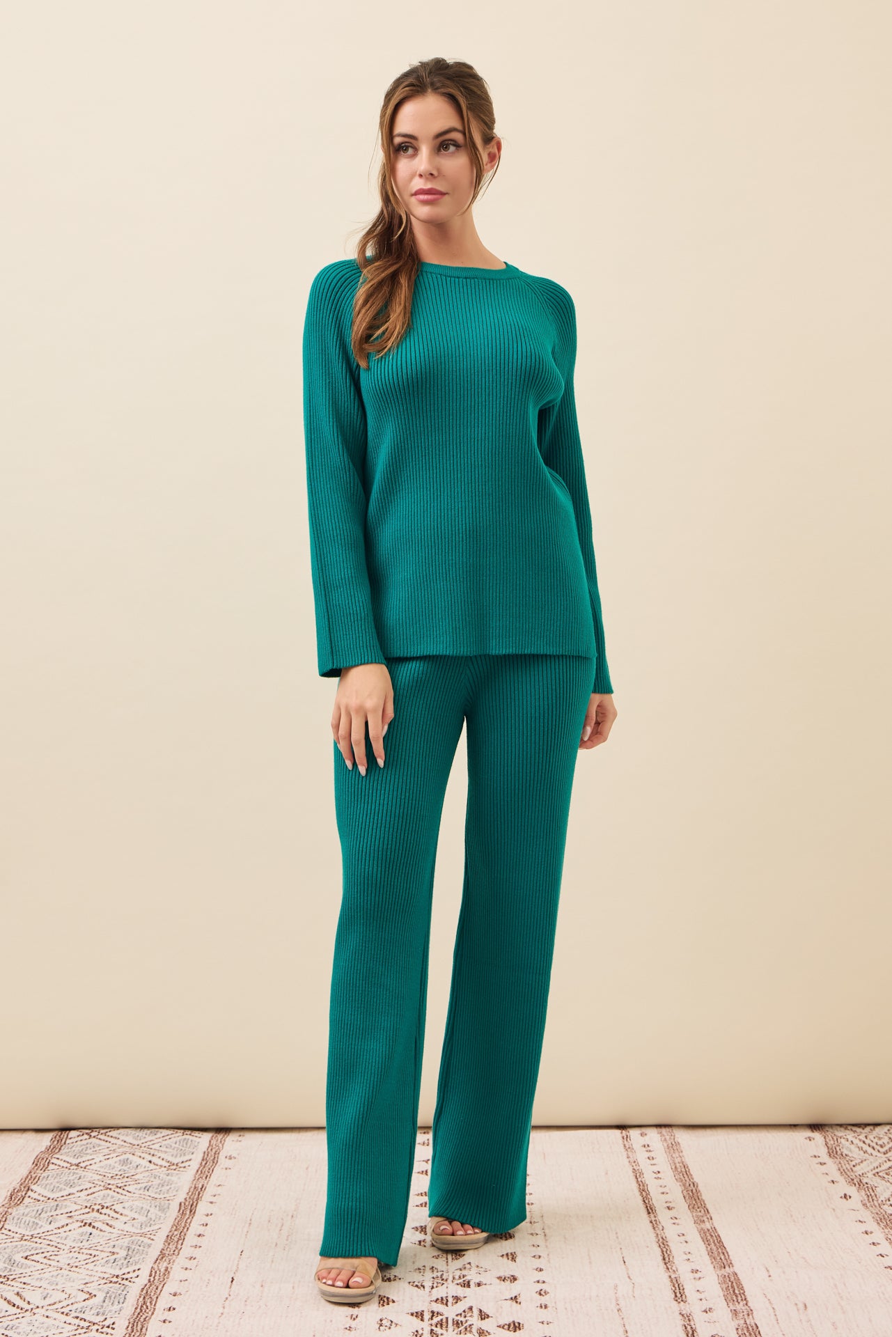 The Basic Rib Knit Long Sleeve Top And Pants Set