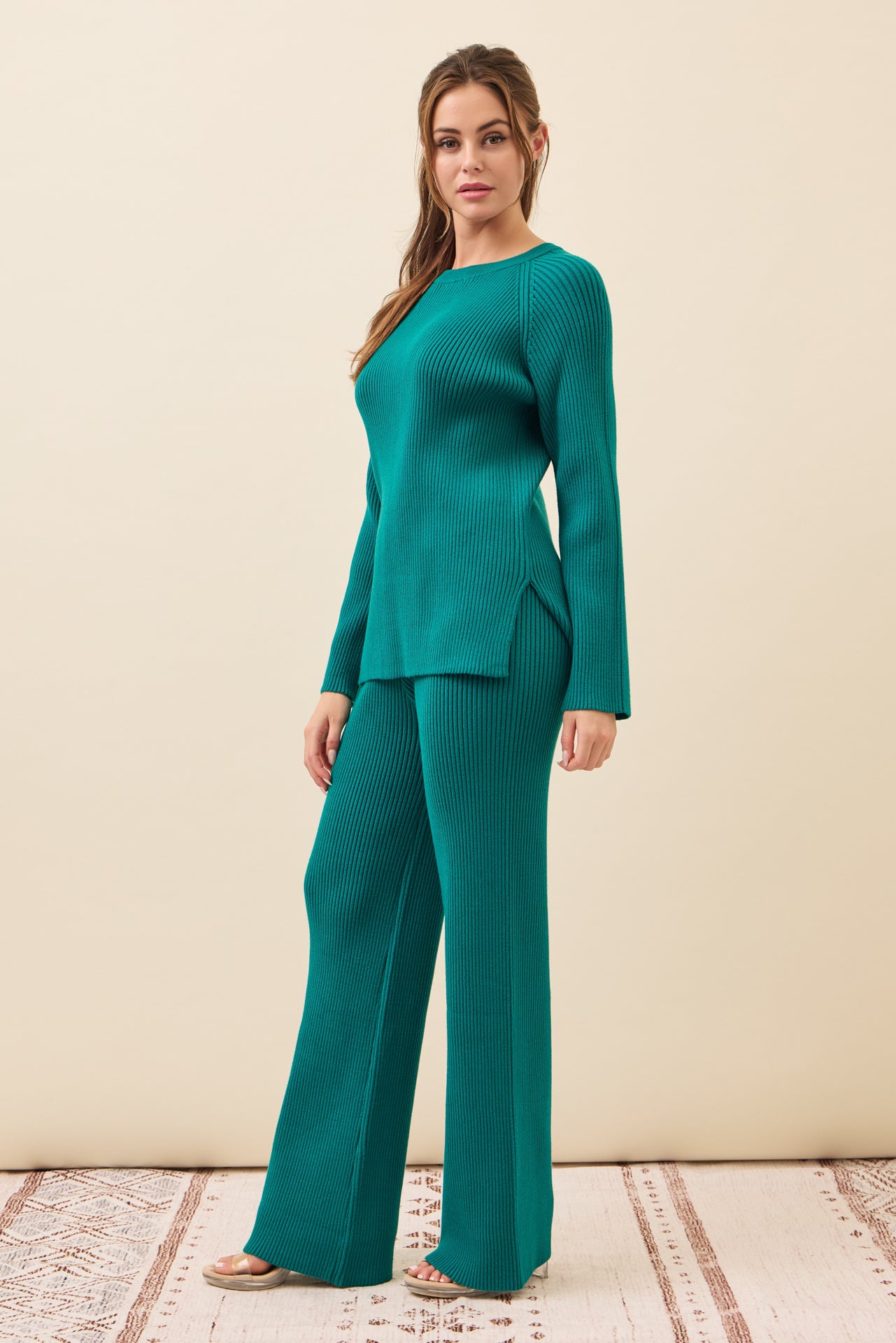 The Basic Rib Knit Long Sleeve Top And Pants Set