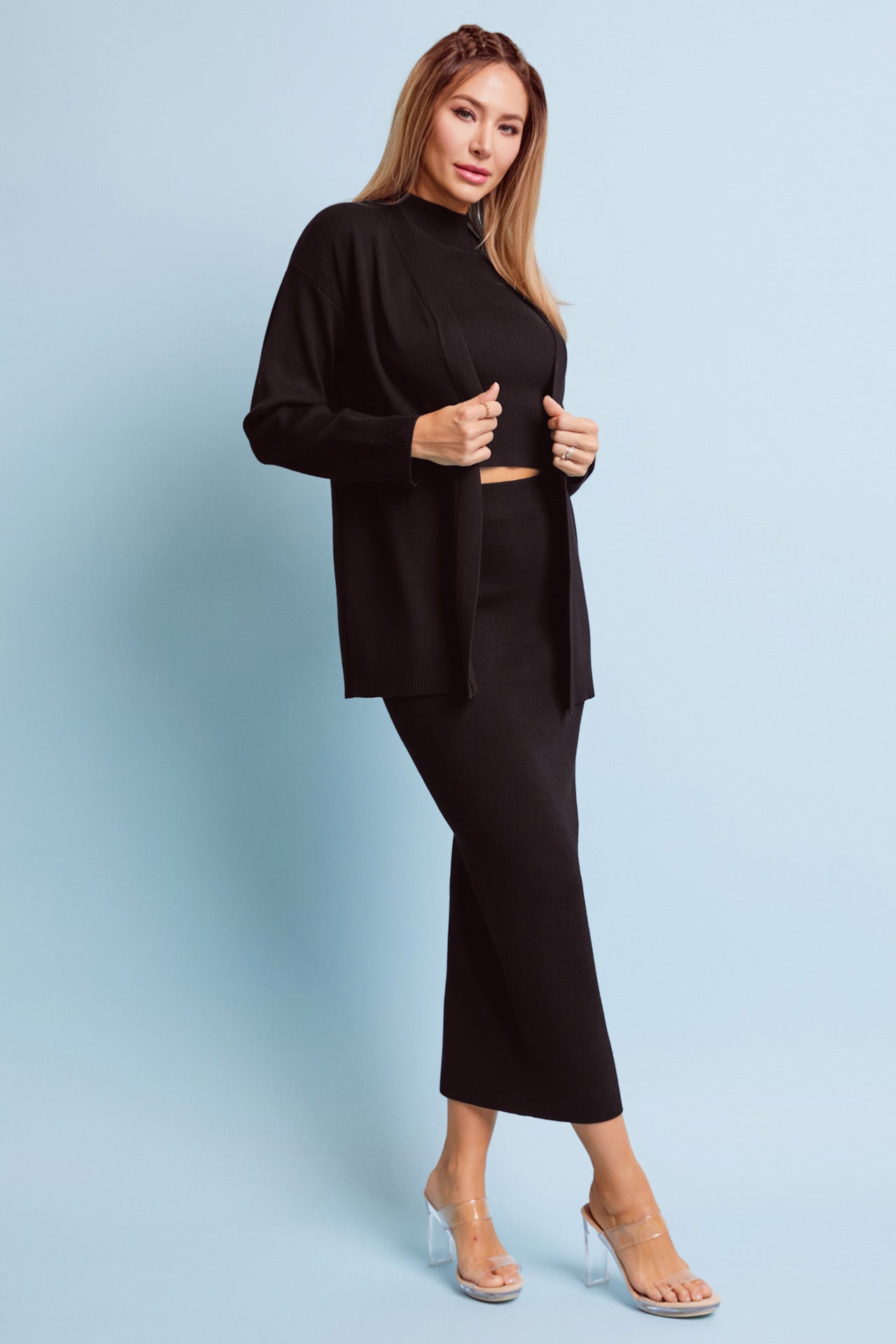 Three Piece Turtleneck Skirt & Cardigan Set
