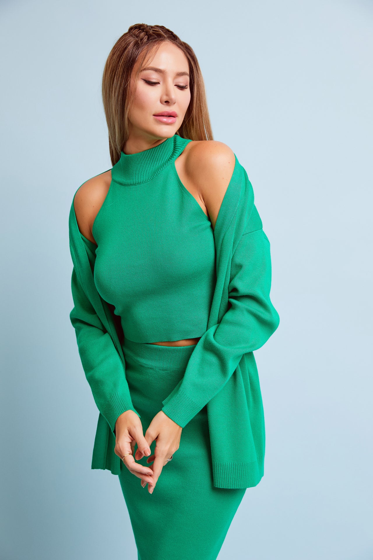 Three Piece Turtleneck Skirt & Cardigan Set