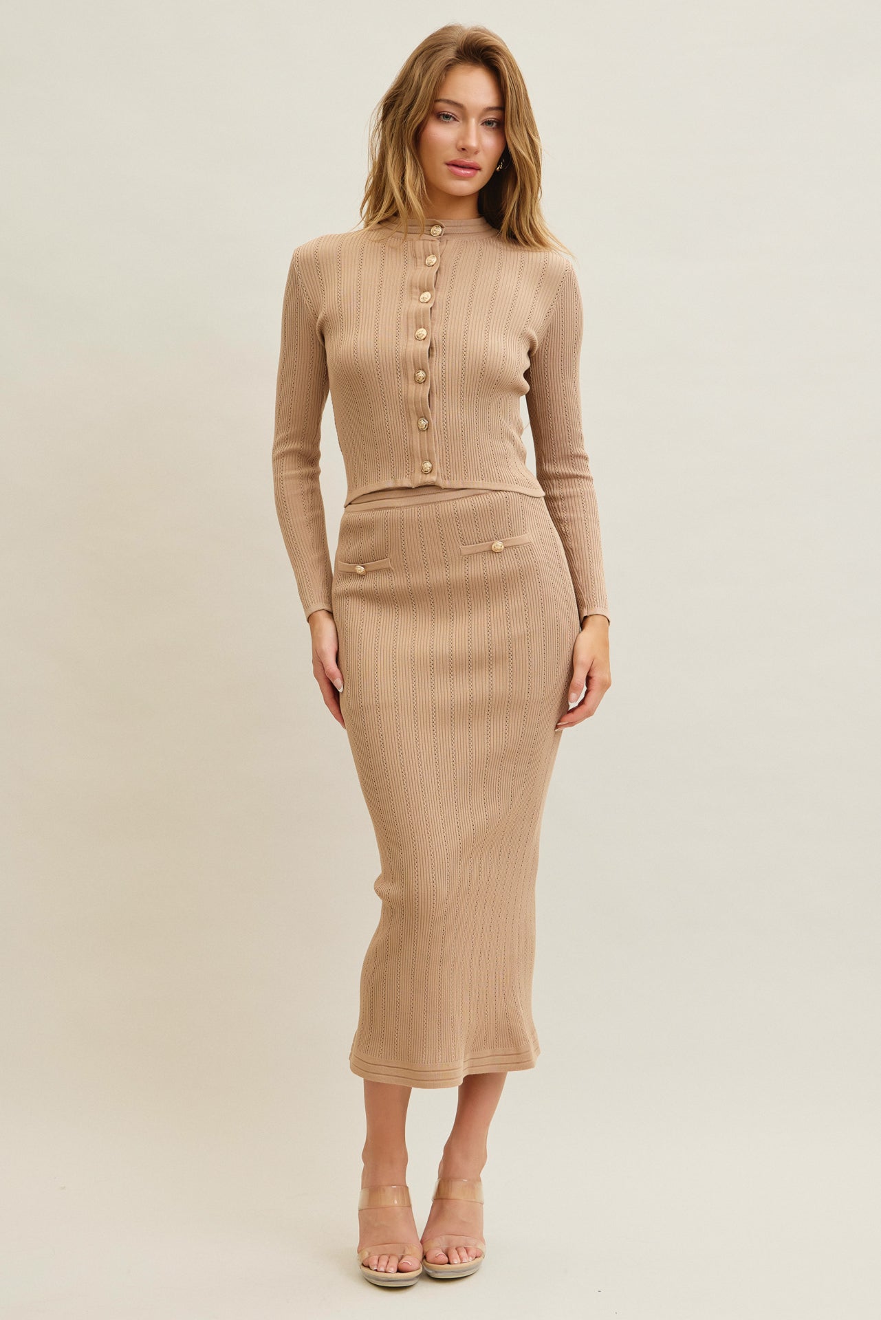 Knit Cardigan & Midi Skirt Set With Gold Buttons