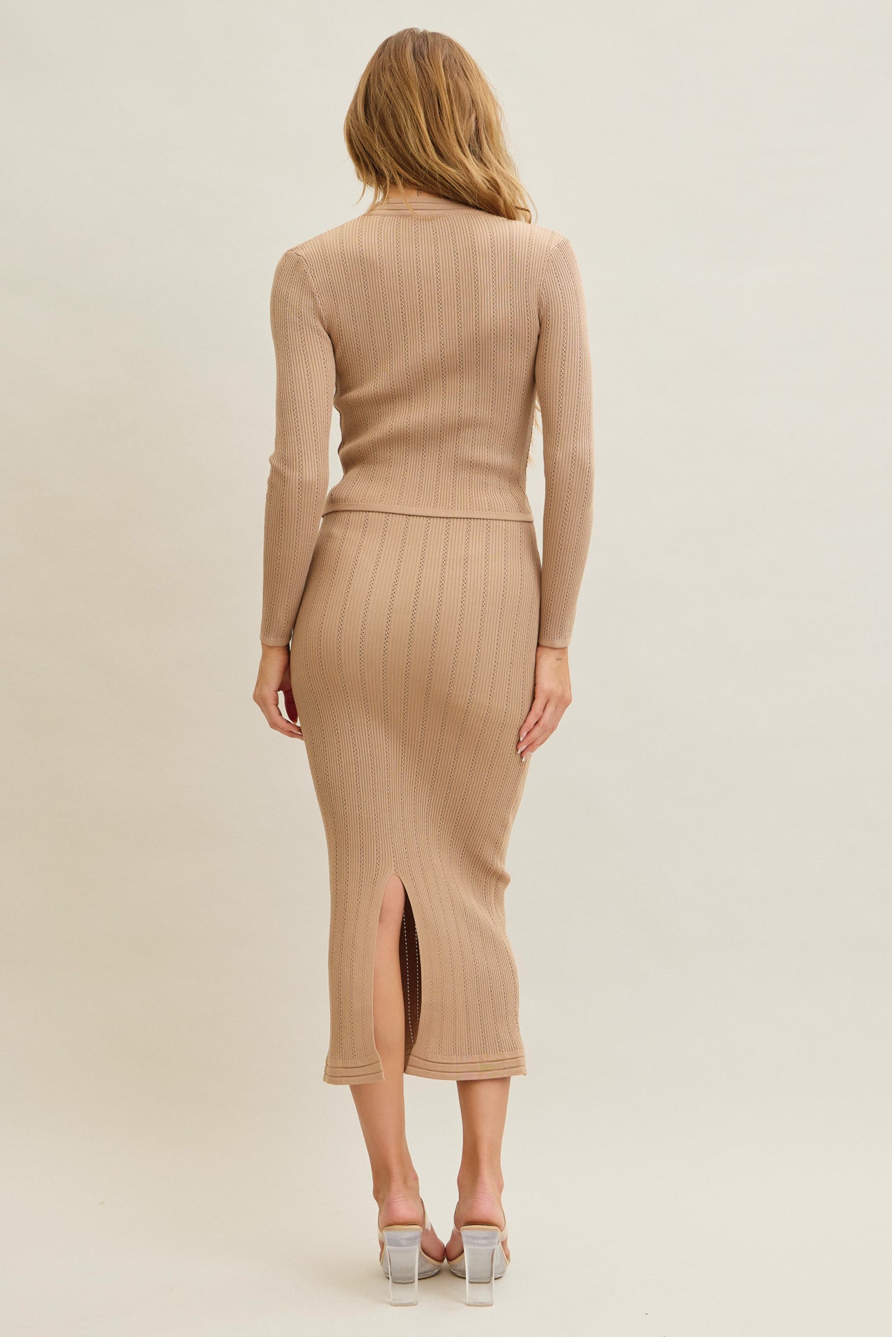 Knit Cardigan & Midi Skirt Set With Gold Buttons
