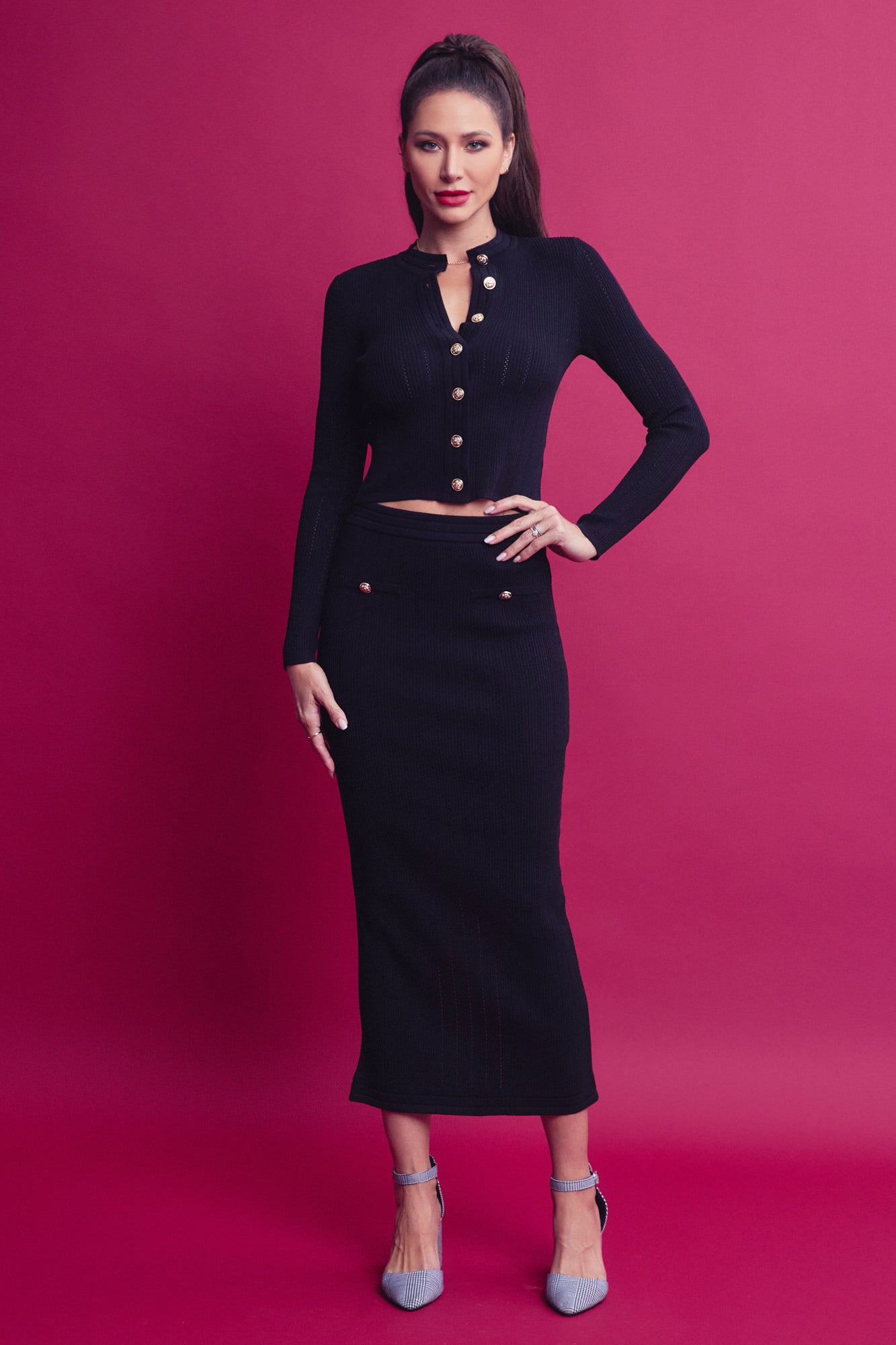 Knit Cardigan & Midi Skirt Set With Gold Buttons