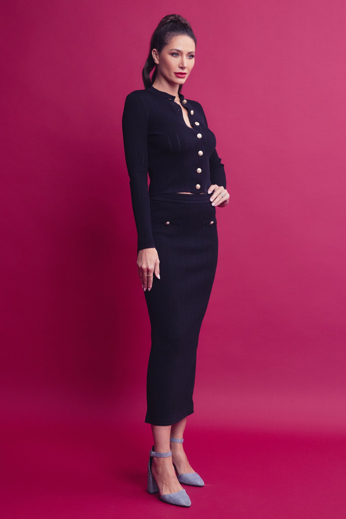 Knit Cardigan & Midi Skirt Set With Gold Buttons