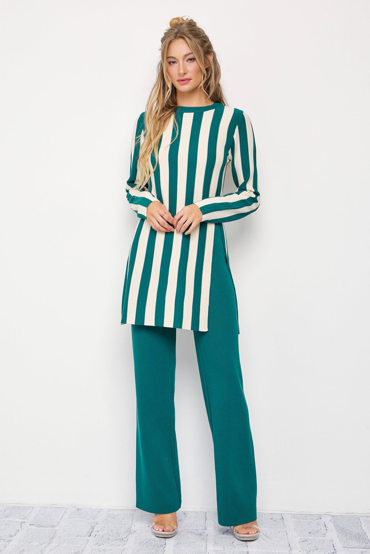 Clean Lines Knit Stripe Long Sleeve Top and Solid Pants Set