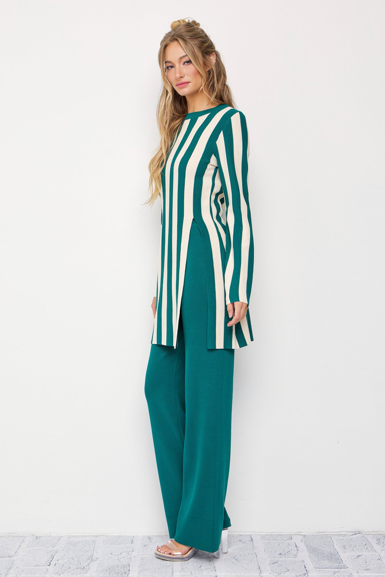 Clean Lines Knit Stripe Long Sleeve Top and Solid Pants Set