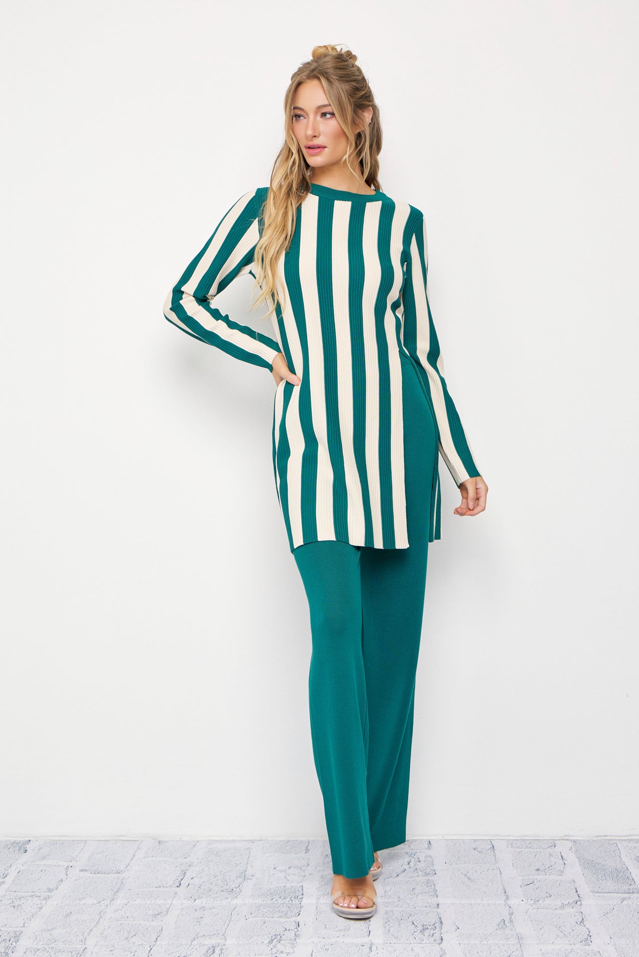 Clean Lines Knit Stripe Long Sleeve Top and Solid Pants Set