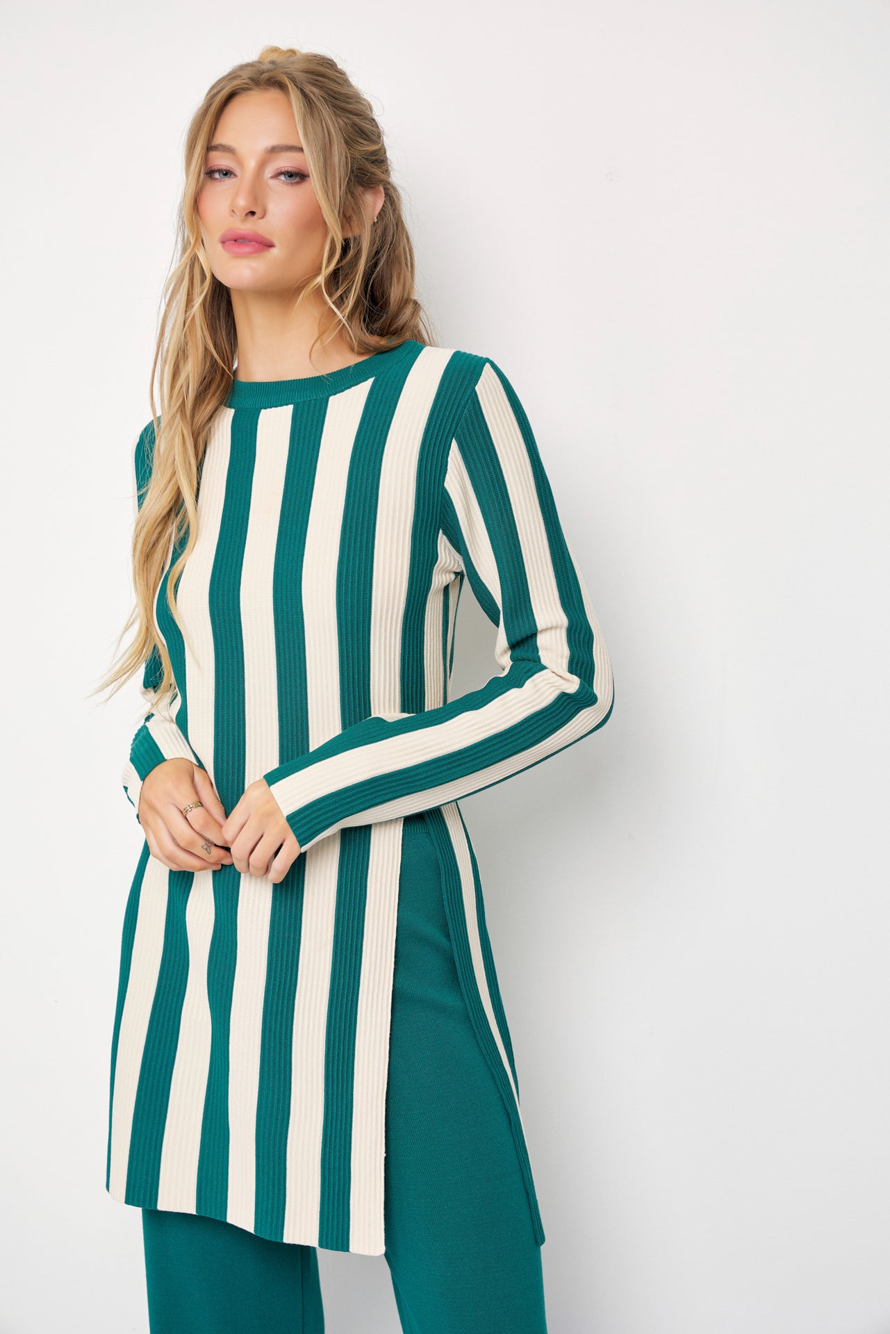 Clean Lines Knit Stripe Long Sleeve Top and Solid Pants Set
