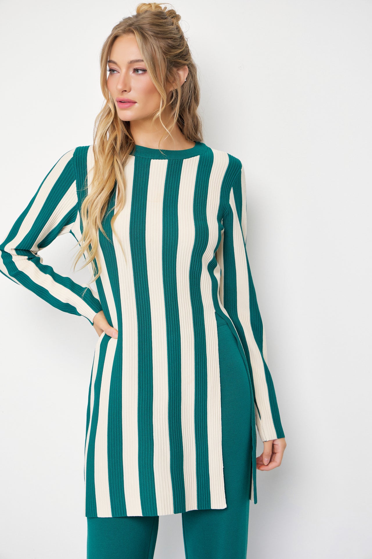 Clean Lines Knit Stripe Long Sleeve Top and Solid Pants Set