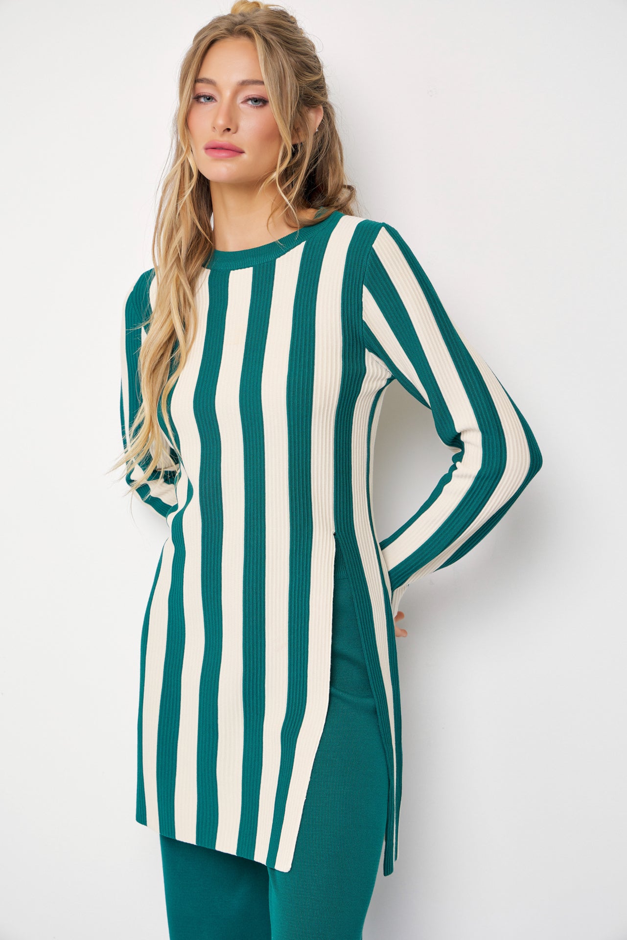 Clean Lines Knit Stripe Long Sleeve Top and Solid Pants Set