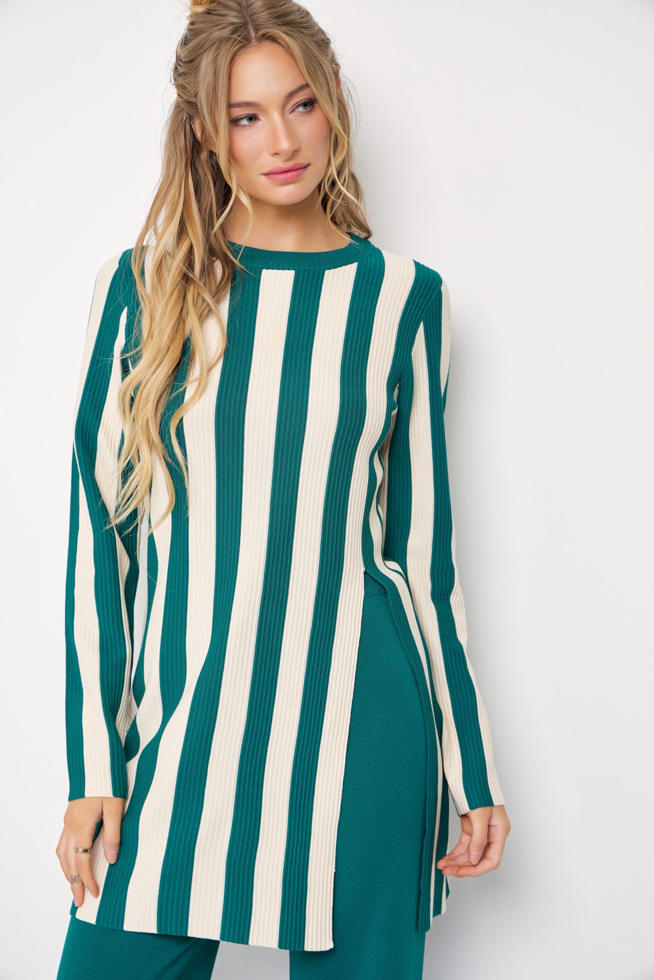 Clean Lines Knit Stripe Long Sleeve Top and Solid Pants Set