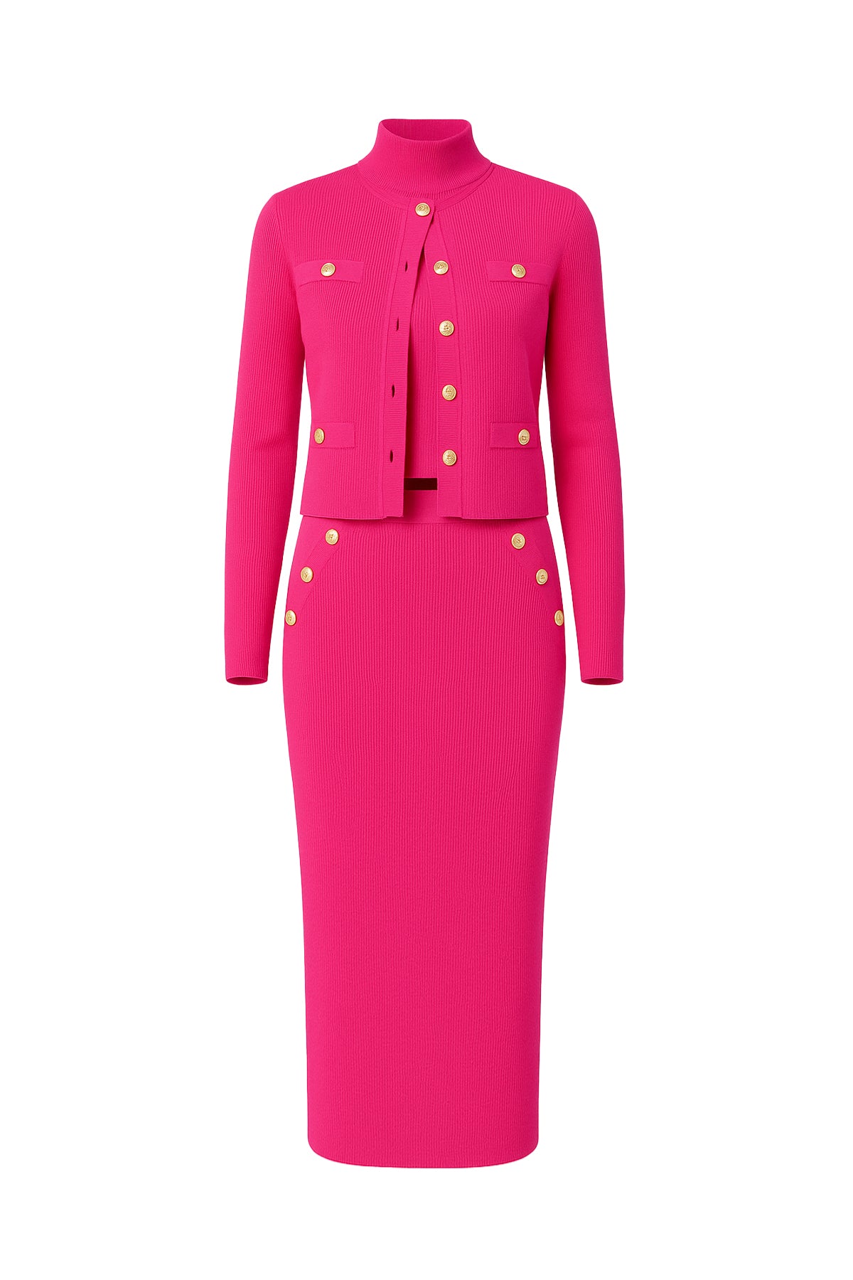 Raelyn Knit Cardigan and Sleeveless Mock Neck Top and Midi Skirt Set with Embossed Buttons