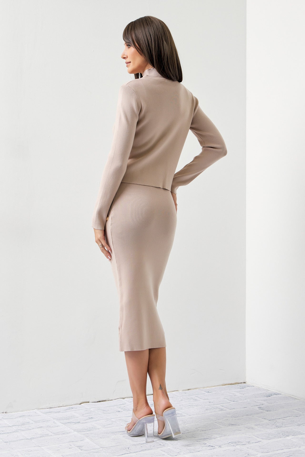 Raelyn Knit Cardigan and Sleeveless Mock Neck Top and Midi Skirt Set with Embossed Buttons