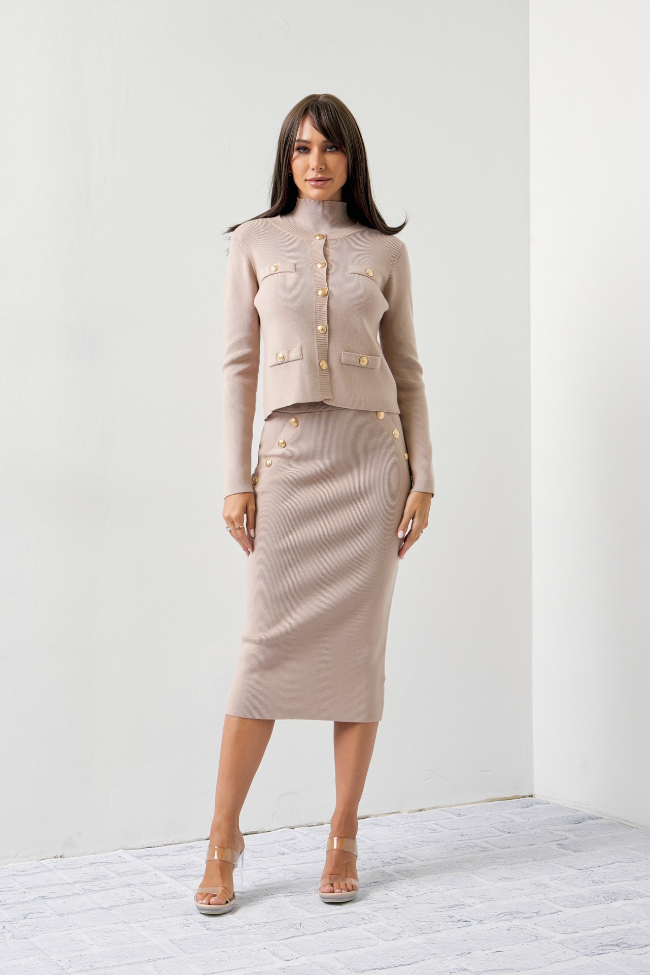 Raelyn Knit Cardigan and Sleeveless Mock Neck Top and Midi Skirt Set with Embossed Buttons