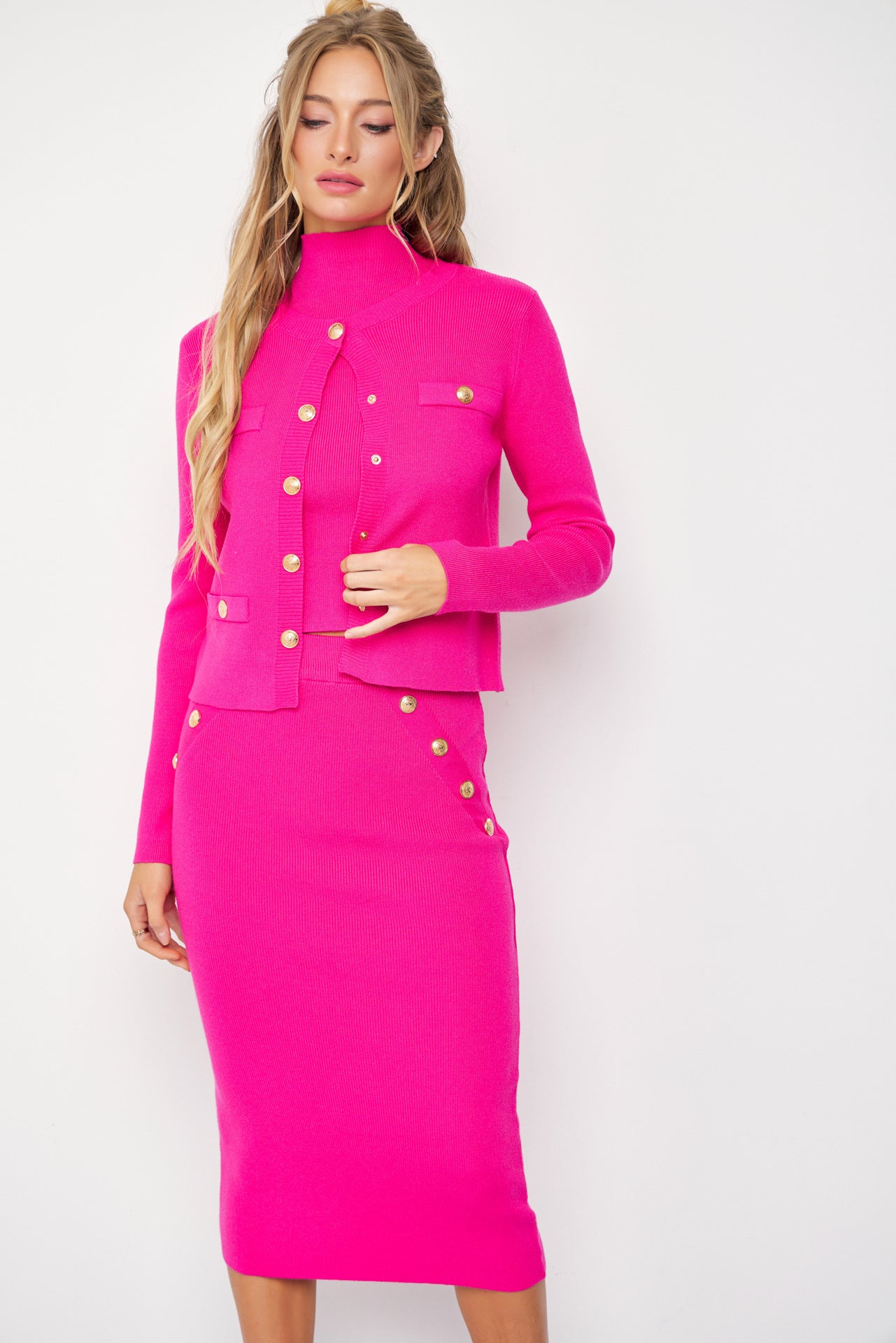 Raelyn Knit Cardigan and Sleeveless Mock Neck Top and Midi Skirt Set with Embossed Buttons